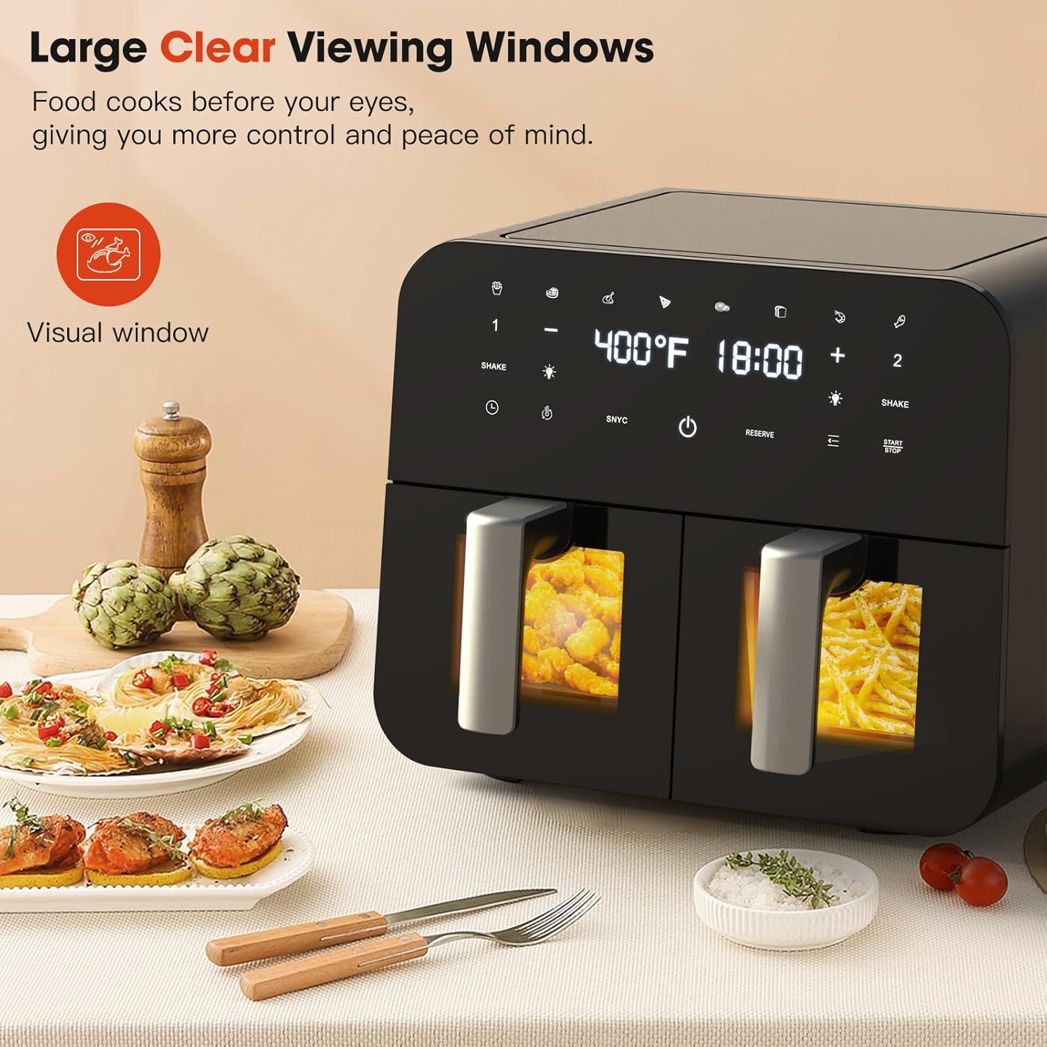 Dual Air Fryer 9 Qt, Dual Basket Air Fryer with Visible Window, Large Double 4.5 Qt Airfryer with Independent Temperature Control, 8-in-1 Functions that Crisps, Broils, Roasts, Dehydrate, Bake, Reheat