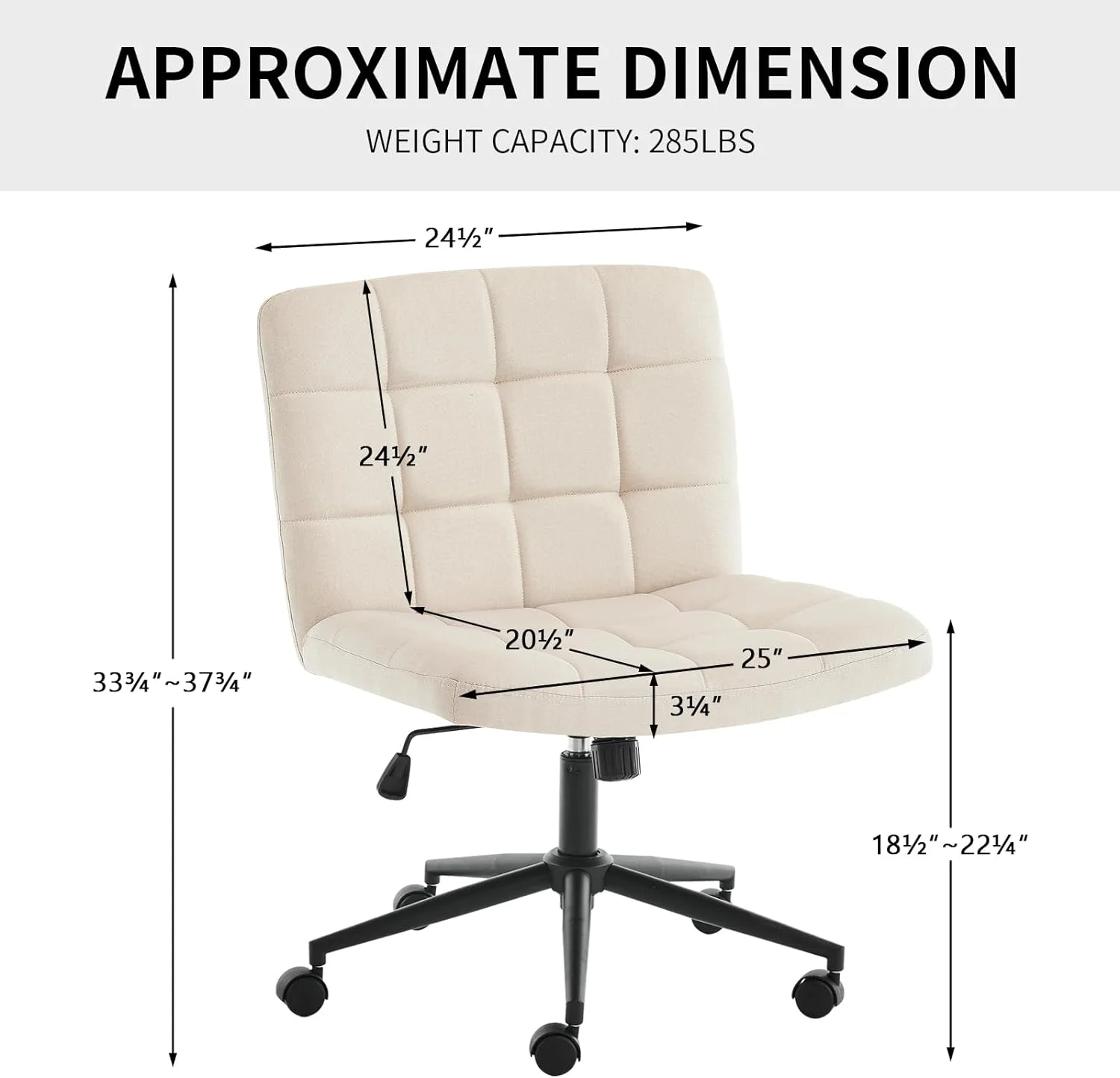Wide Armless Desk Chair with Wheels, Mid Back Swivel Criss Cross Chair for Home Office, Height Adjustable Wide Seat Home Office Task Chairs, Beige