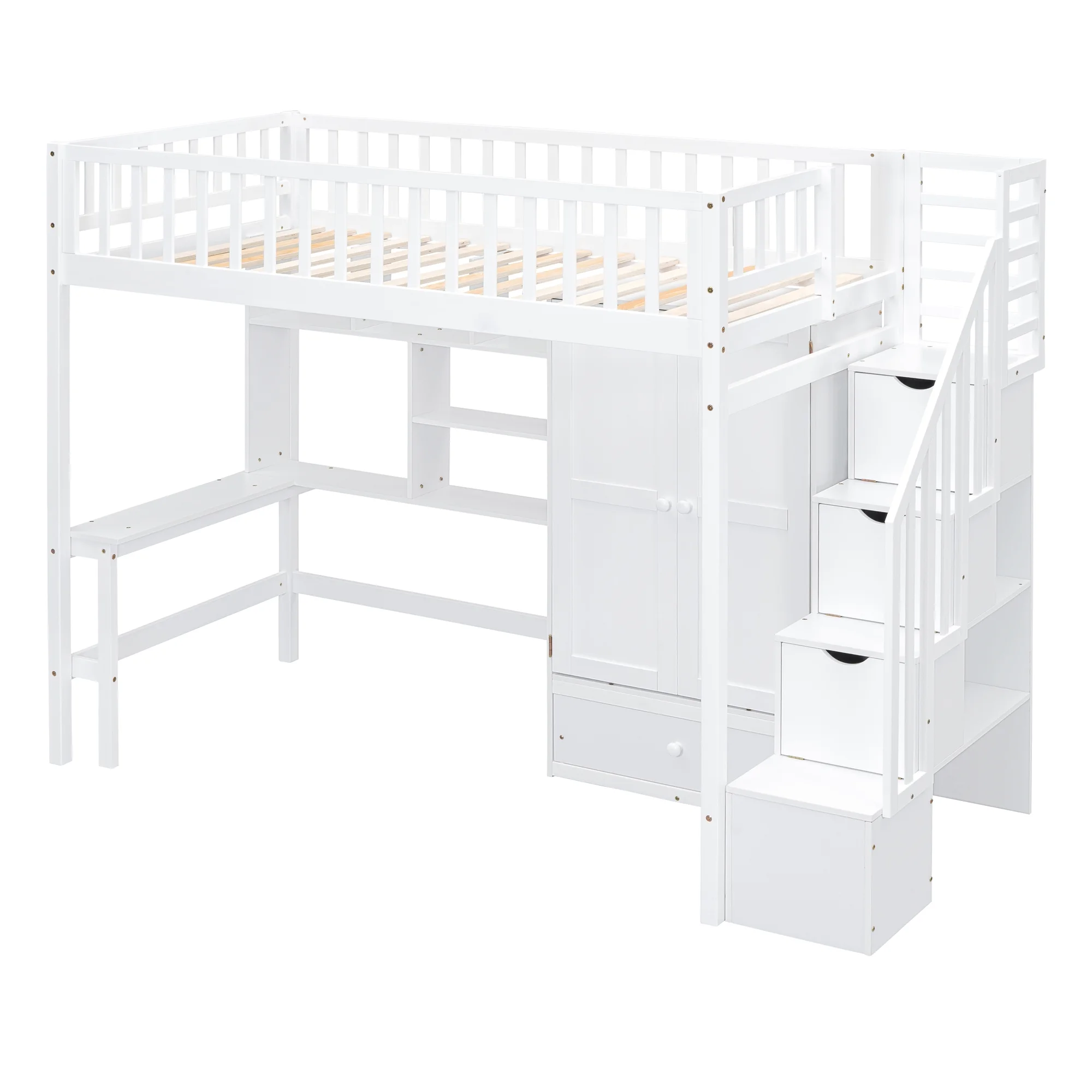 Bellemave Twin Size Loft Bed with Stairs and Wardrobe, Wood Loft Beds Frame with Desk and Storage Drawers, Stairway Loft Bed for Kids, Teens & Adults（White）