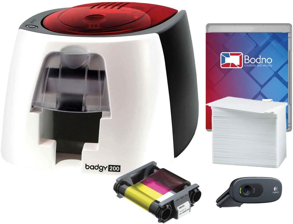 Badgy200 Color Plastic ID Card Printer with Complete Supplies Package with Bodno ID Software - Bronze Edition