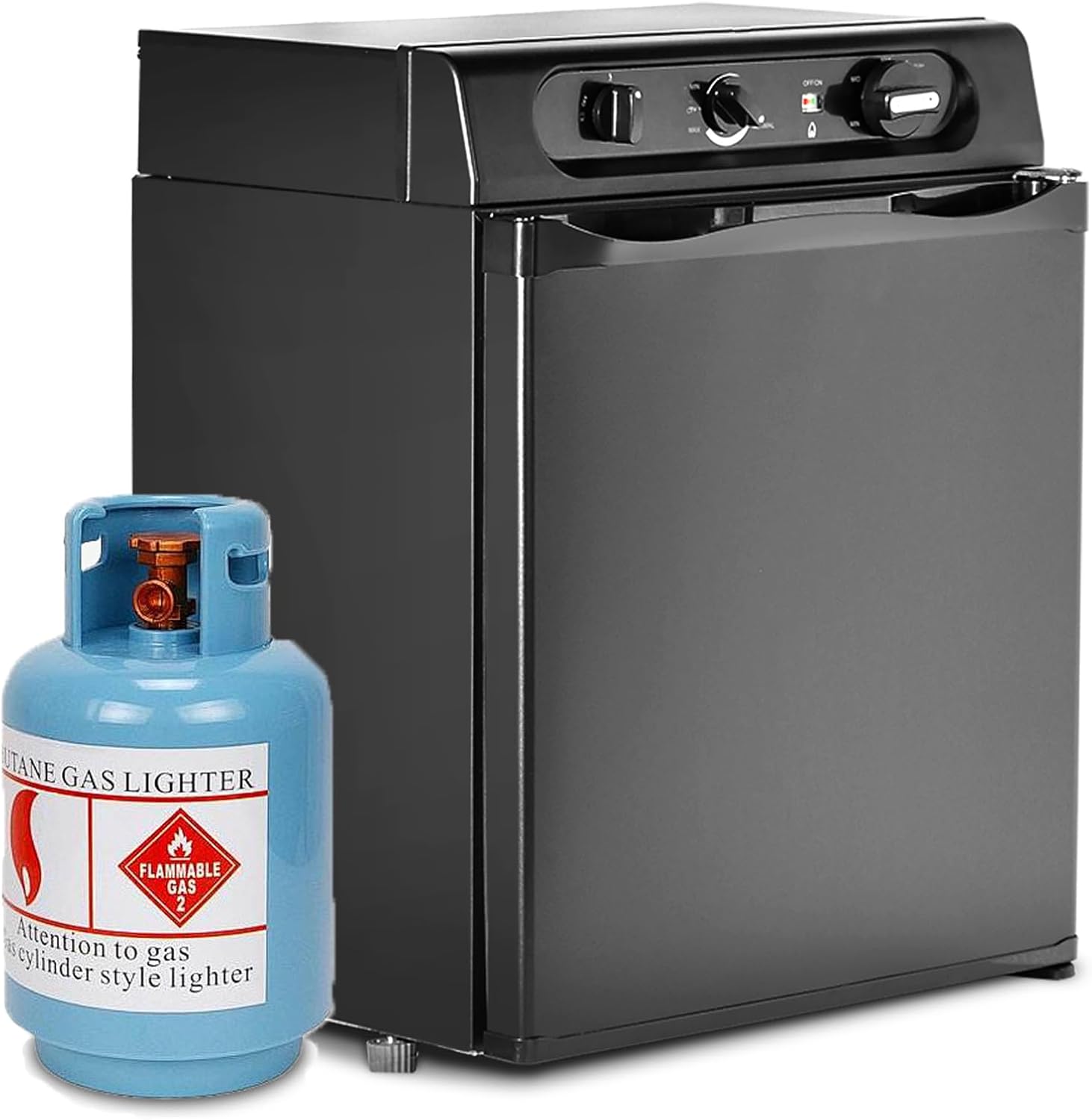 1.4 Cu.Ft Propane Refrigerator off Grid, Camper Fridge, 12 V/110V/LPG Compact RV Refrigerator, 3 Way Gas Refrigerators for Semi Truck, Camper Van, Garage, Black