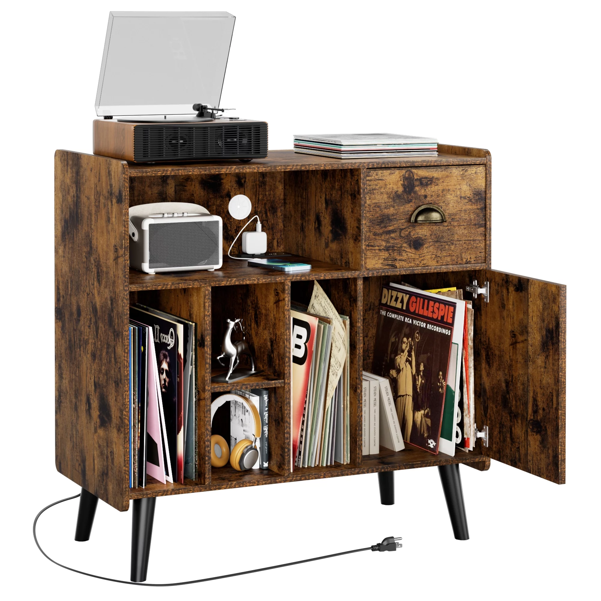 Luxmo Record Player Stand with Vinyl Storage, Vinyl Record storage Cabinet with Charging Station, Turntable Stand Record Table Display with Wood Legs for Bedroom Living Room