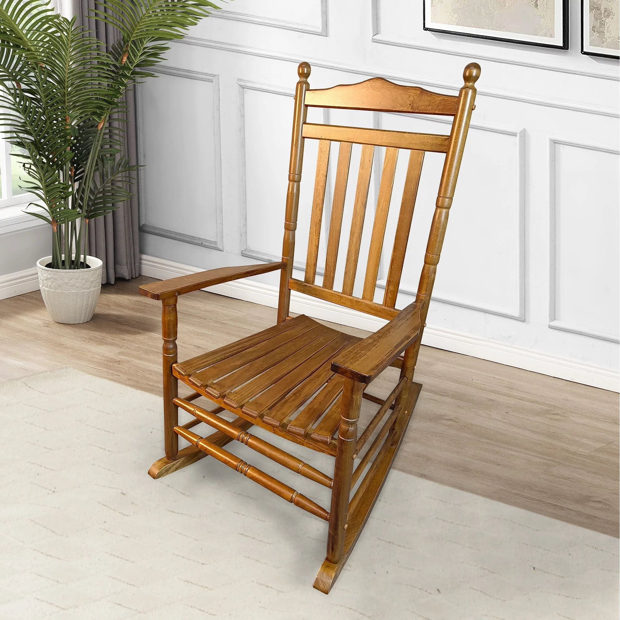 Traditional Wooden High-Back Rocking Chair for Porch Oak
