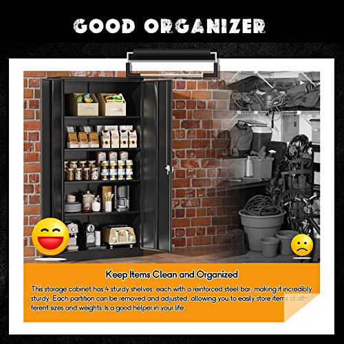 Greenvelly Metal Garage Storage Cabinet with Lock, 72”Metal Storage Cabinet with 2 Doors and 4 Adjustable Shelves, Steel Tool Cabinet for Garage,Home Office, School,Gym (Black Grey)