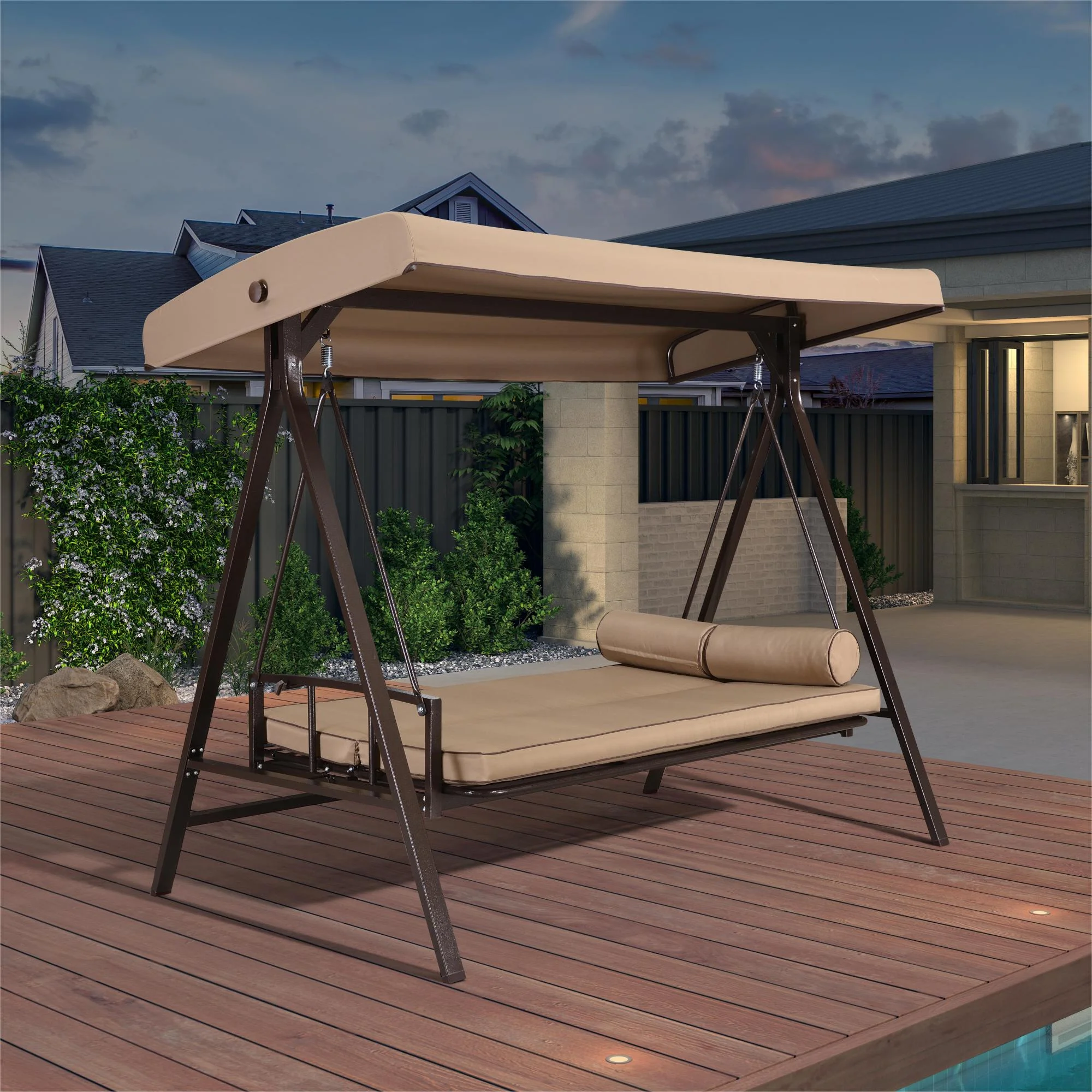 PURPLE LEAF Outdoor Patio Porch Swing Adjustable Backrest, 3-Seat Swing Chair with Weather Resistant Steel Frame for Backyard Front Porch Lawn, Cushion and Pillows Included, Beige