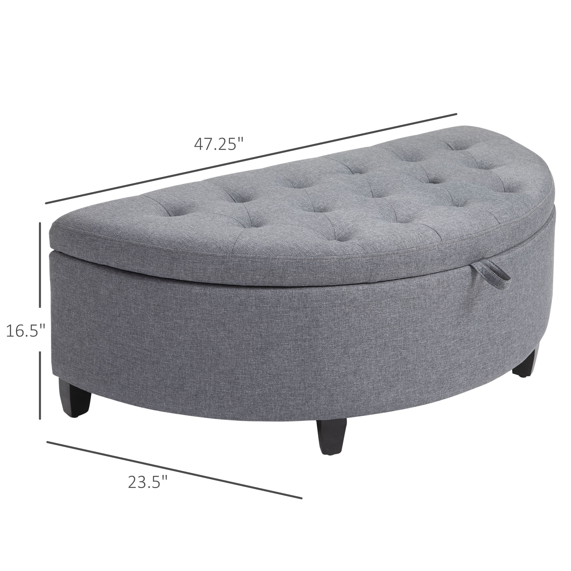 HOMCOM Half Moon Storage Ottoman, Upholstered End of Bed Bench with Lift Lid and Wood Legs, Button Tufted Storage Bench for Living Room, Entryway or Bedroom, Gray