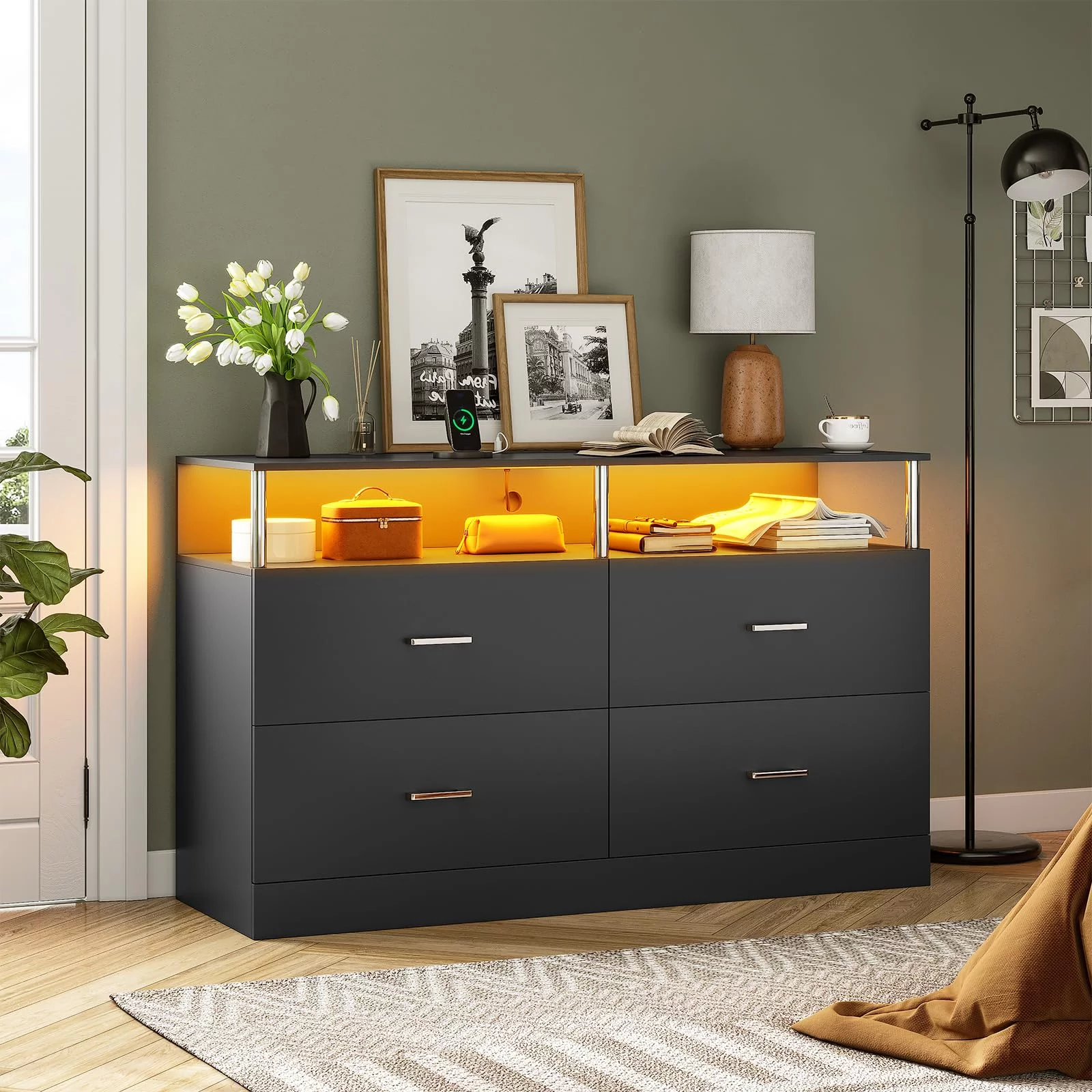 Mabor 4 Drawer Dresser for Bedroom with LED Lights&Charging Station, Modern Black Dresser Chest of Drawers for Living Room Closet