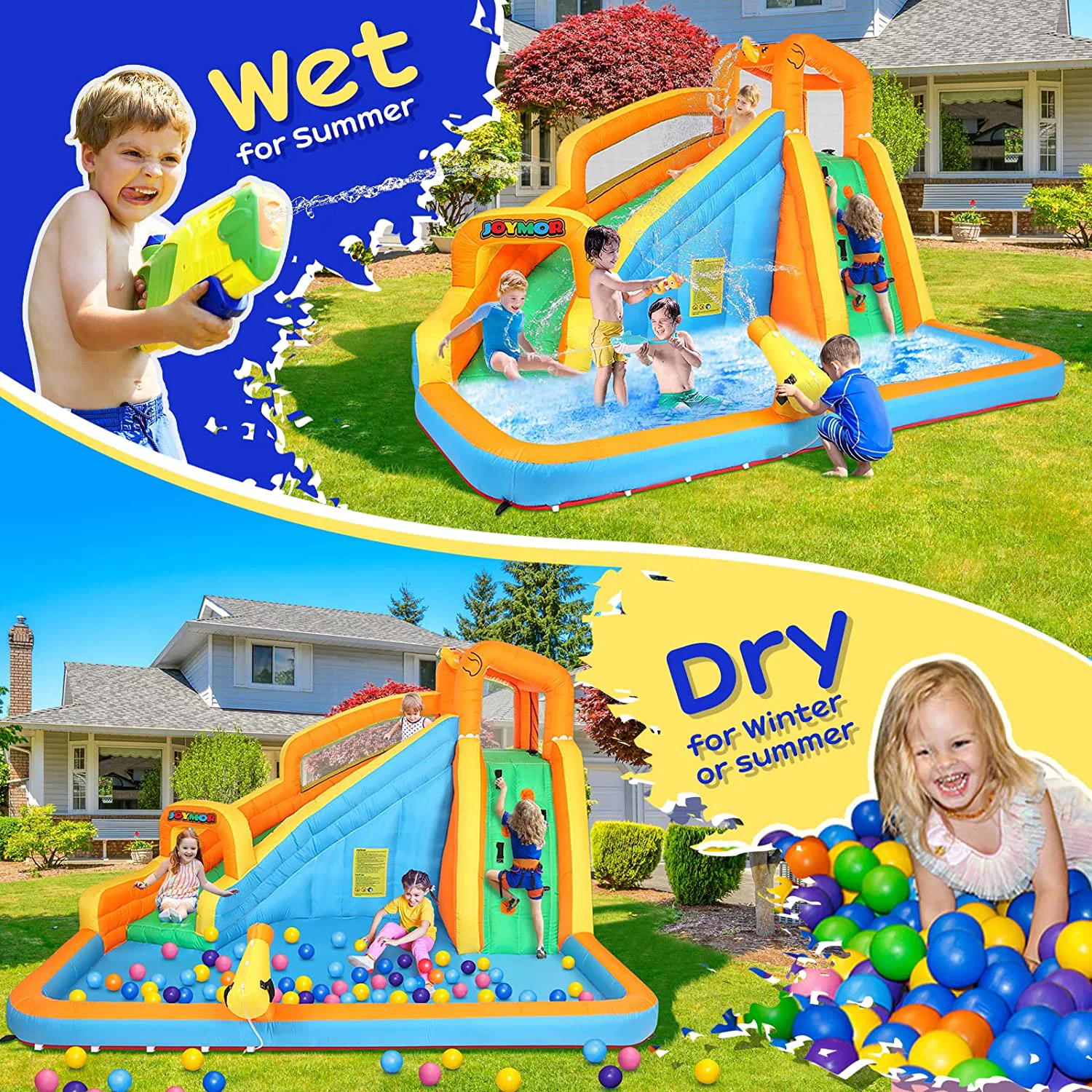 JOYMOR Inflatable Water Slide Bounce House w/Climbing Wall, Water Gun, Splash Pool, Water Slide Castle Outdoor Backyard Playhouse for Little Kids (Included Blower)