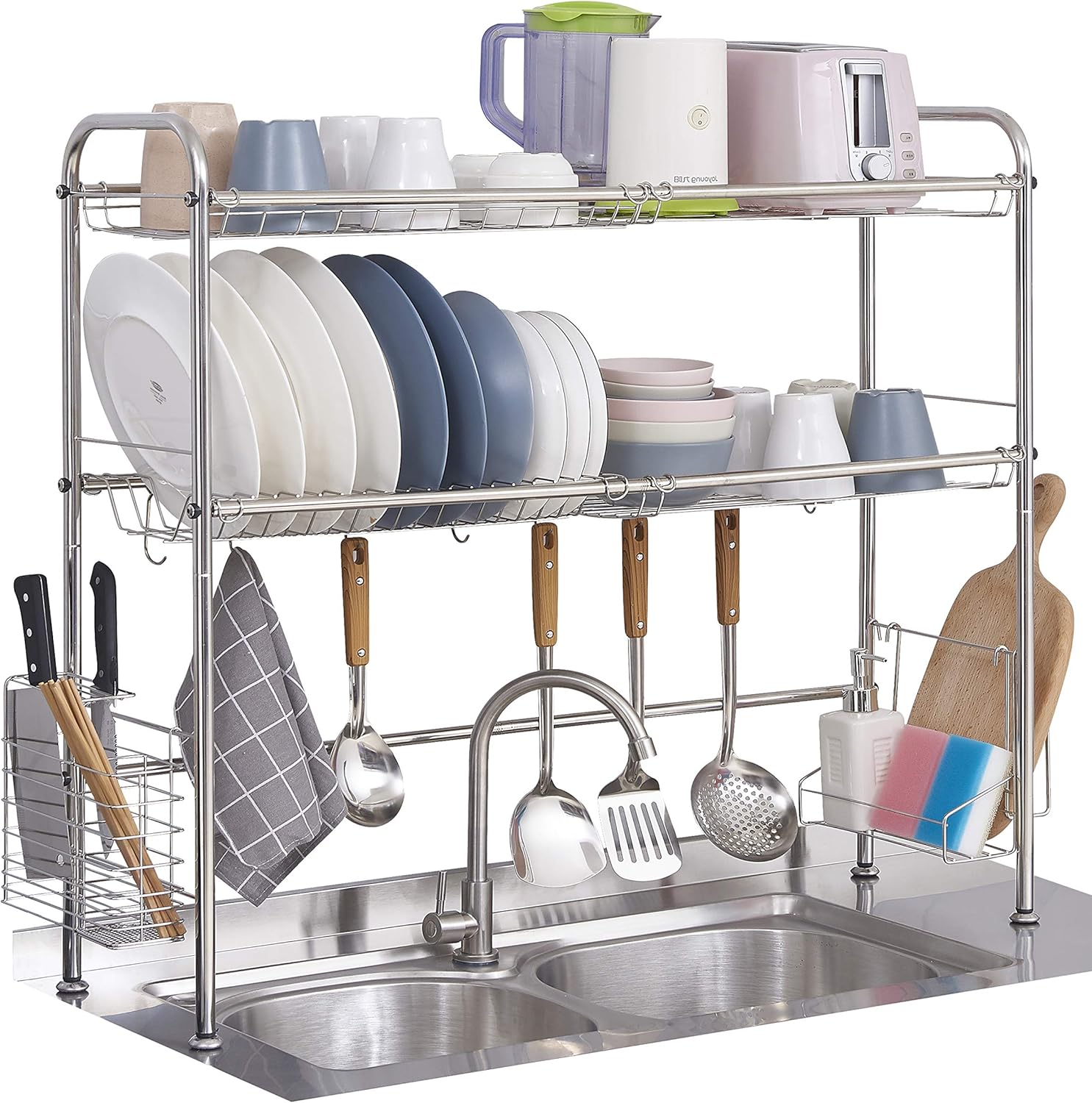 OVICAR Over The Sink Dish Drying Rack,2-Tier Large Stainless Steel Sink Dish Drainer with Utensil Holder Hooks, Dish Rack with Counter Non-Slip Stable Foot for Kitchen Storage Shelf (Silver)