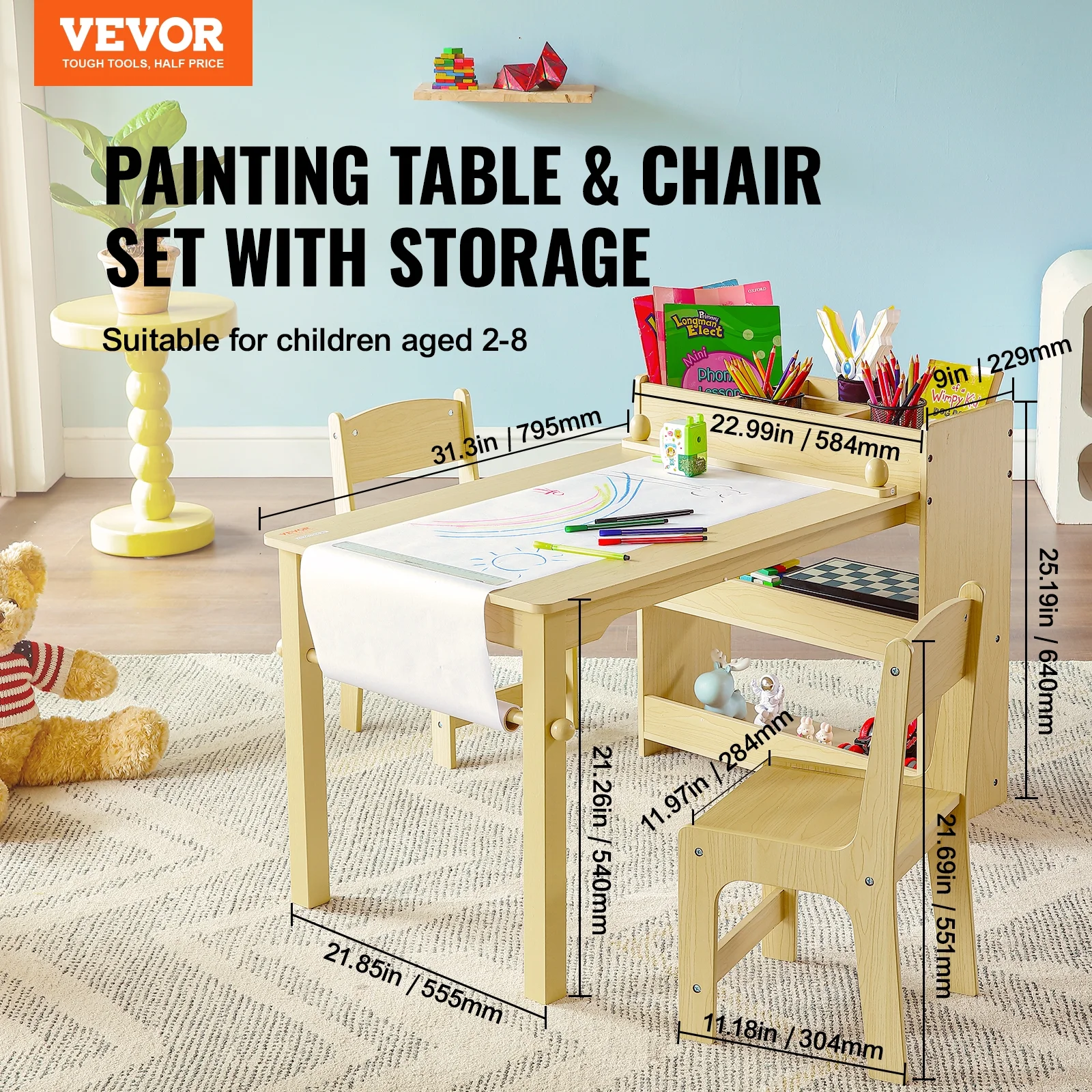 SKYSHALO 2-in-1 Kids Art Table and 2 Chairs Toddler Craft Set and Wooden Play Activity Drawing Table with A Cabinet Paper Roll Storage Bins