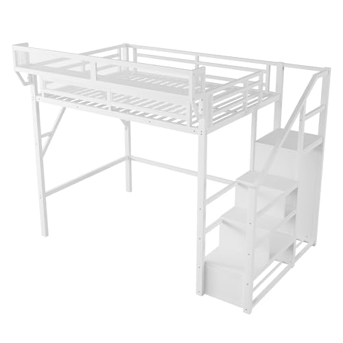Full Size Loft Bed with Stairs and Storage, Metal Loft Bed Frame with Bedside Shelf and Large Under-Bed Space, Heavy-Duty Bed for Adults Teens and Kids, Black