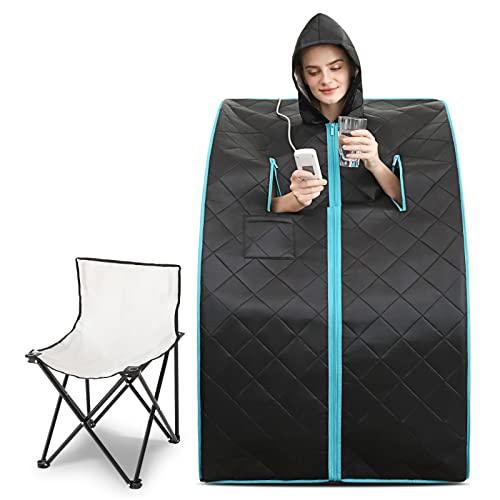 Smartmak Far Infrared Sauna, Full Body One Person Portable SPA Set with Time & Tempreture Remote Control, Heating Foot Pad and Foldable Reinforced Chair (L 27.6’’ x W 31.5’’ x H 37.8’’)- Blue Border