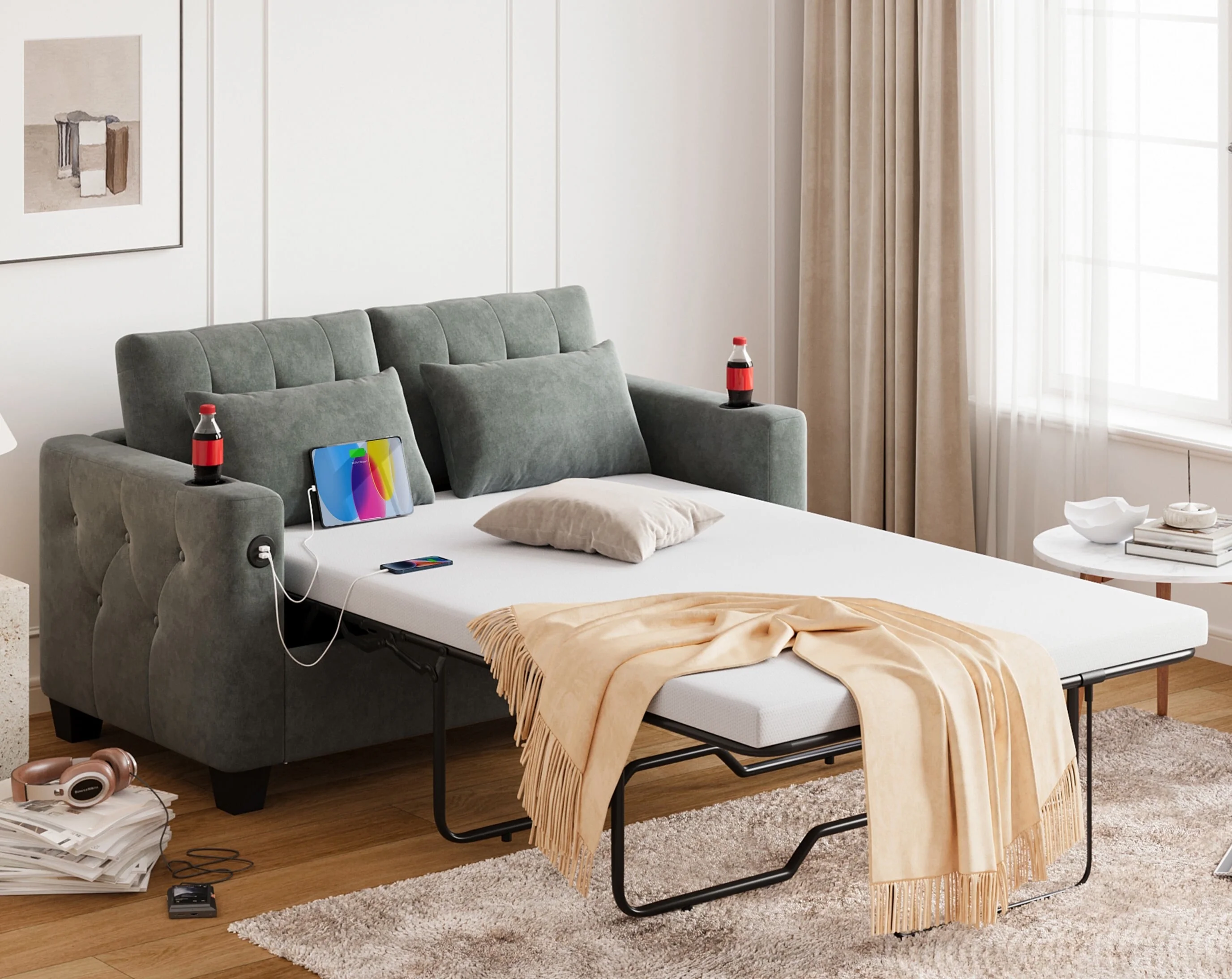 LINSY HOME Full Pull Out Sofa Bed, 2-in-1 Convertible Sleeper Couch with Memory Foam Mattress, Two Seat Loveseat Sleeper Sofa Bed for Living Room, Dark Grey