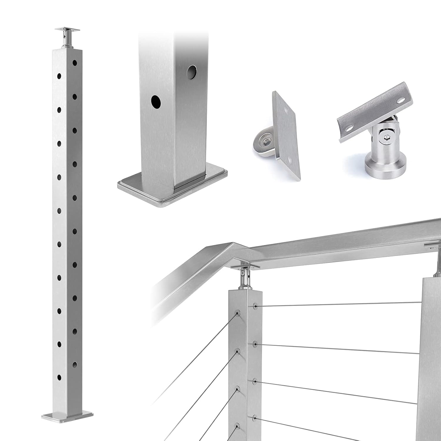 Muzata Cable Railing Post Square 36"x2"x2" Stainless Steel Brushed Finishing Pre-Drilled Post Surface Mount for Wood Concrete Level Deck Stair Balustrade fit Invisible kit PS01 LH4S, PT1 PT2 PT6