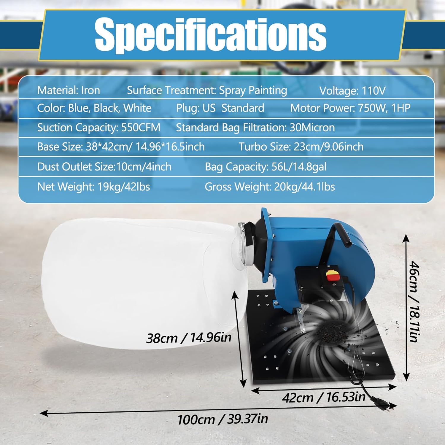 1HP Dust Collector with Wire, 550 CFM Wheeled Jet Dust Collection, Potable 14.8-Gallon White Bag Dust Collector 30 Micron Bag Filtration Dust Collector, For Industrial Cleaning.