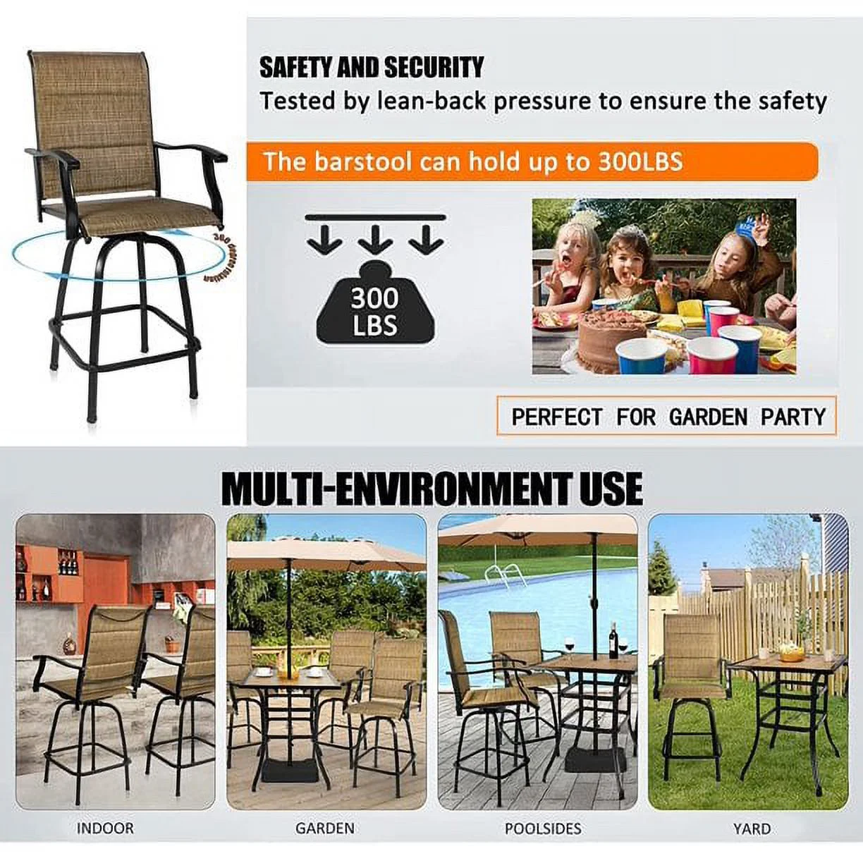 Bigroof 5-Piece Outdoor Textile Bar Set with Swivel Bar Stools Extra Wide Modern Patio Furniture Suitable for Patio Garden Porch Dining room, black, Steel