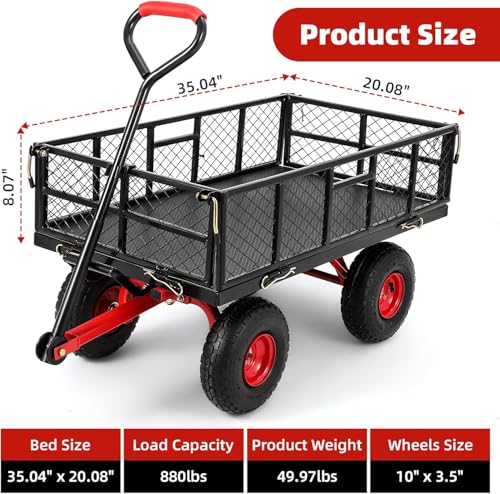 880 lbs 10" Tires Steel Garden Cart with 180° Rotating Handle and Removable Sides, Heavy Duty Utility Garden Carts and Wagons, Heavy Duty Yard Dump Wagon Utility Wagon with Removable Sides