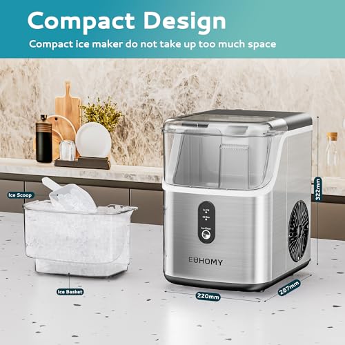 EUHOMY Nugget Ice Makers Countertop, Pebble Ice Maker Machine with 35lbs/24H Soft Ice, Self-Cleaning Sonic Ice Maker with Ice Scoop&Basket, Pellet Ice Maker for Home/Kitchen/Office(Stainless Steels)