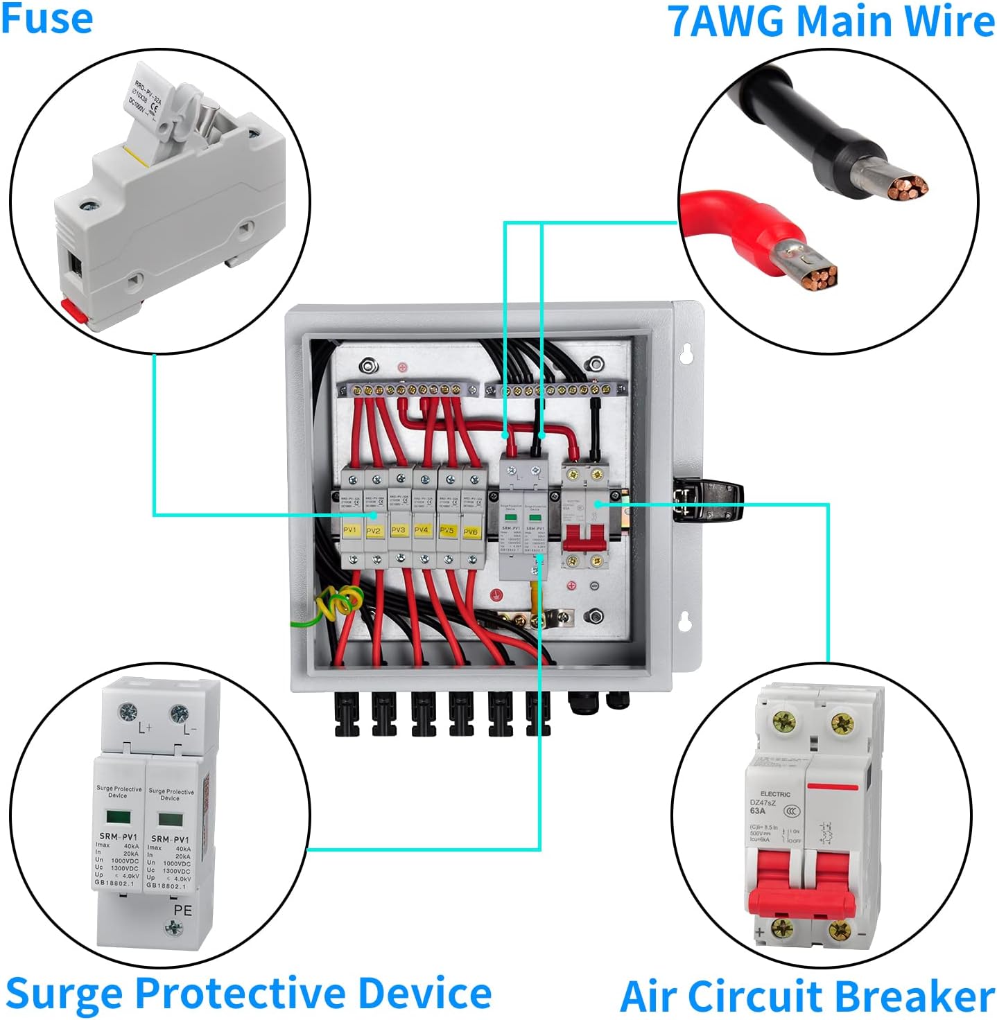 PowGrow PV Combiner Box, 6 String Solar Combiner Box with 15A Rated Current Fuse, Surge Protective Device and 63A Air Circuit Breaker for On/Off Grid Solar Panel System, Pre-Wired Cable, Metal Box