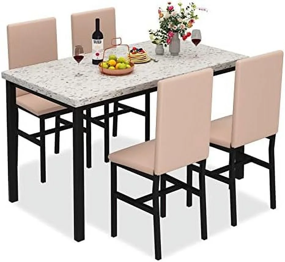 HJZBNONE 5-Piece Faux Marble Kitchen Table &amp; Chair Set  4 PU Metal Frame Chairs for Small  Modern Compact Space for Home  Breakfast Nook Cafeteria Dining Room w/ Racks  01 Coffee