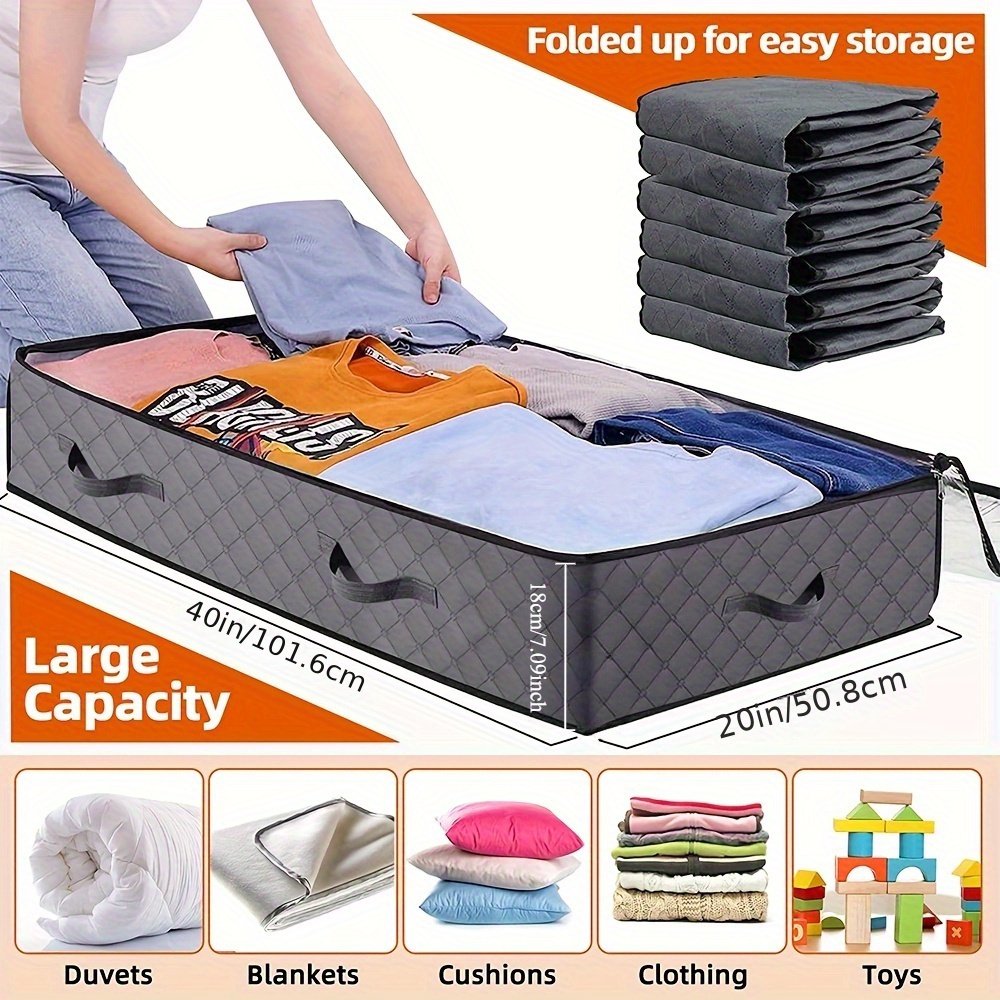 [2pcs Heavy-Duty Underbed Bags] 2pcs Heavy-Duty Metal Underbed Storage Bags | Large Capacity Collapsible Dustproof Garment &amp; Quilted Bedding Organizers with Handles, Classic Rectangular Design