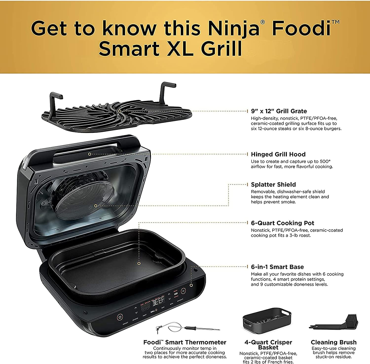 Ninja FG551 Foodi Smart XL 6-in-1 Indoor Grill with 4-Quart Air Fryer Roast Bake Dehydrate Broil and Leave-in Thermometer, Extra Large Capacity, a stainless steel Finish (Renewed) (Cinnemon/RED)