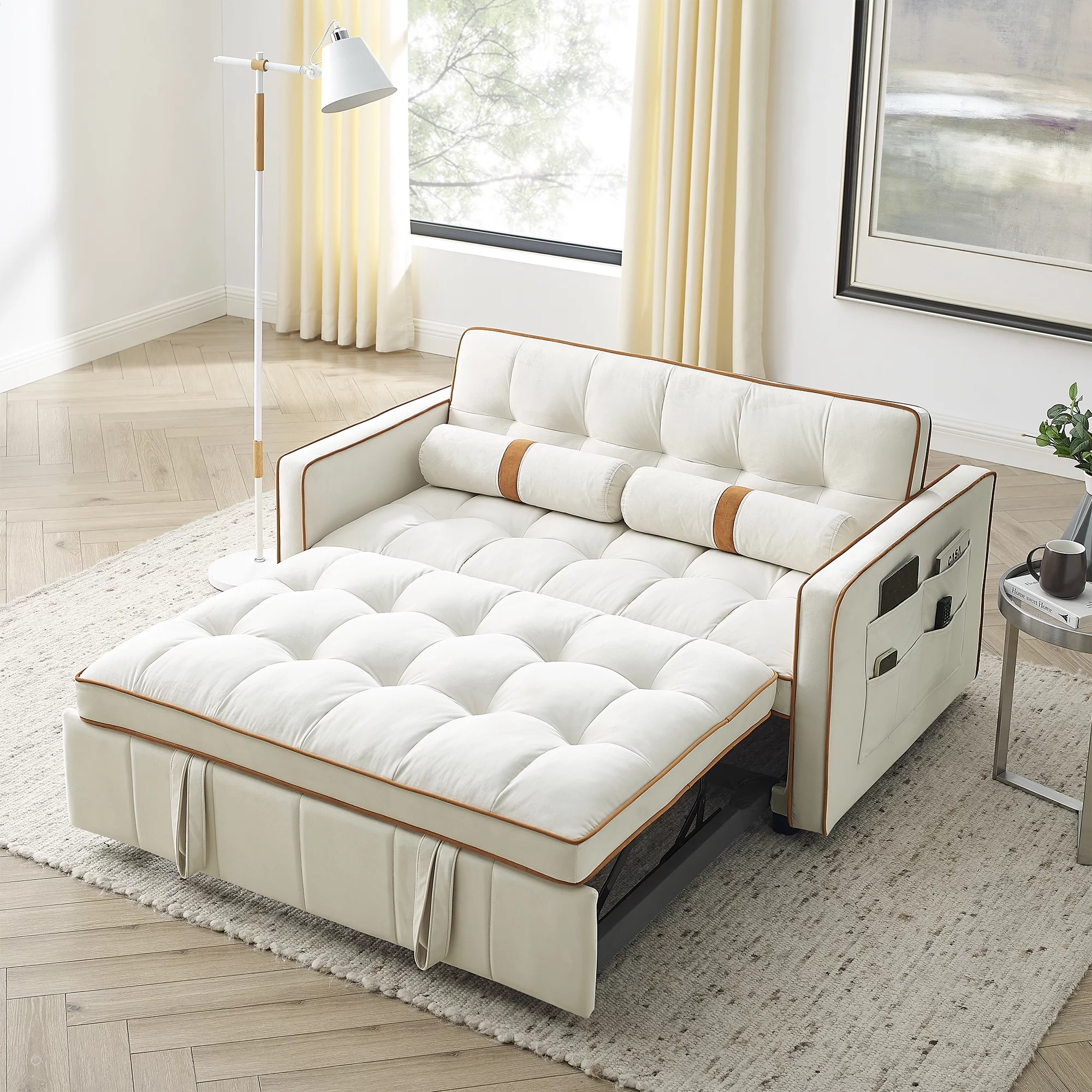 Ufurpie 55.5" Pull-Out Velvet Sofa Bed,Sleeper Sofa with Adjustable Backrest and Lumbar Pillows,2 Seater Loveseats Sofa Couch,for Living Room,Bedroom,Apartment,White