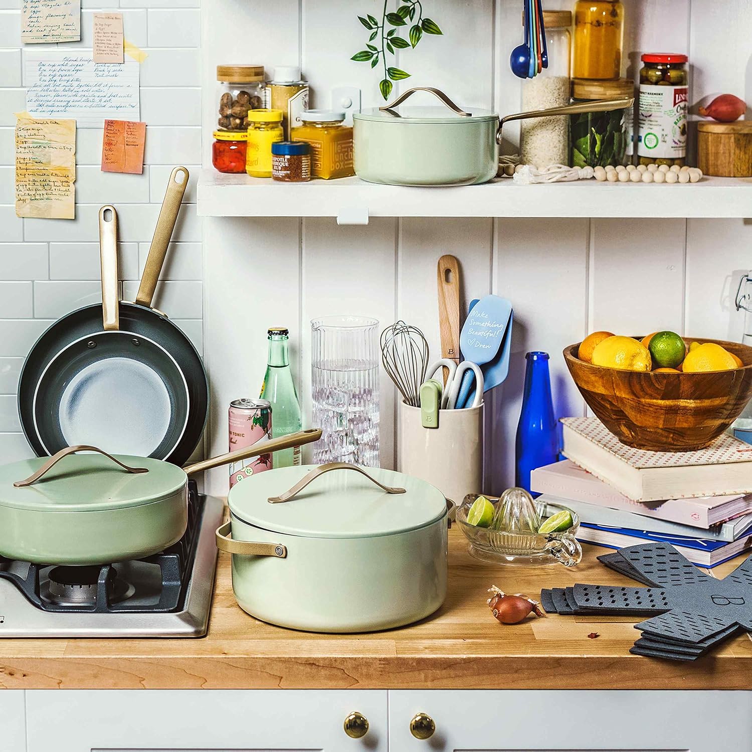 12pc Ceramic Non-Stick Cookware Set, Sage Green by Drew Barrymore