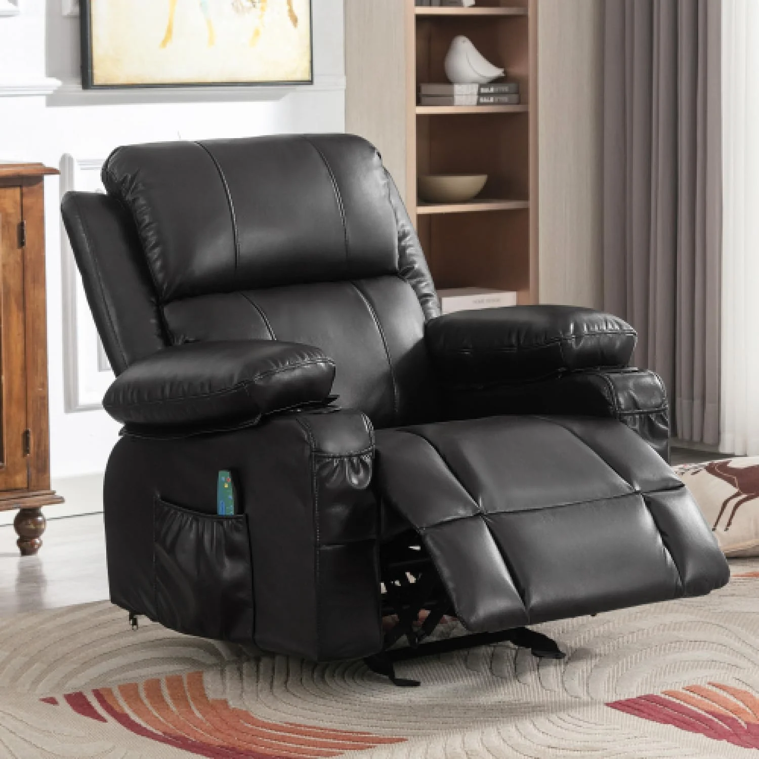 Oversized Power Rocker Recliner with Heat and Massage, Leather Recliner Chairs for Adults, Ergonomic Single Sofa Chair with Cup Holders, Side Pockets and USB, for Living Room/Office (Black)