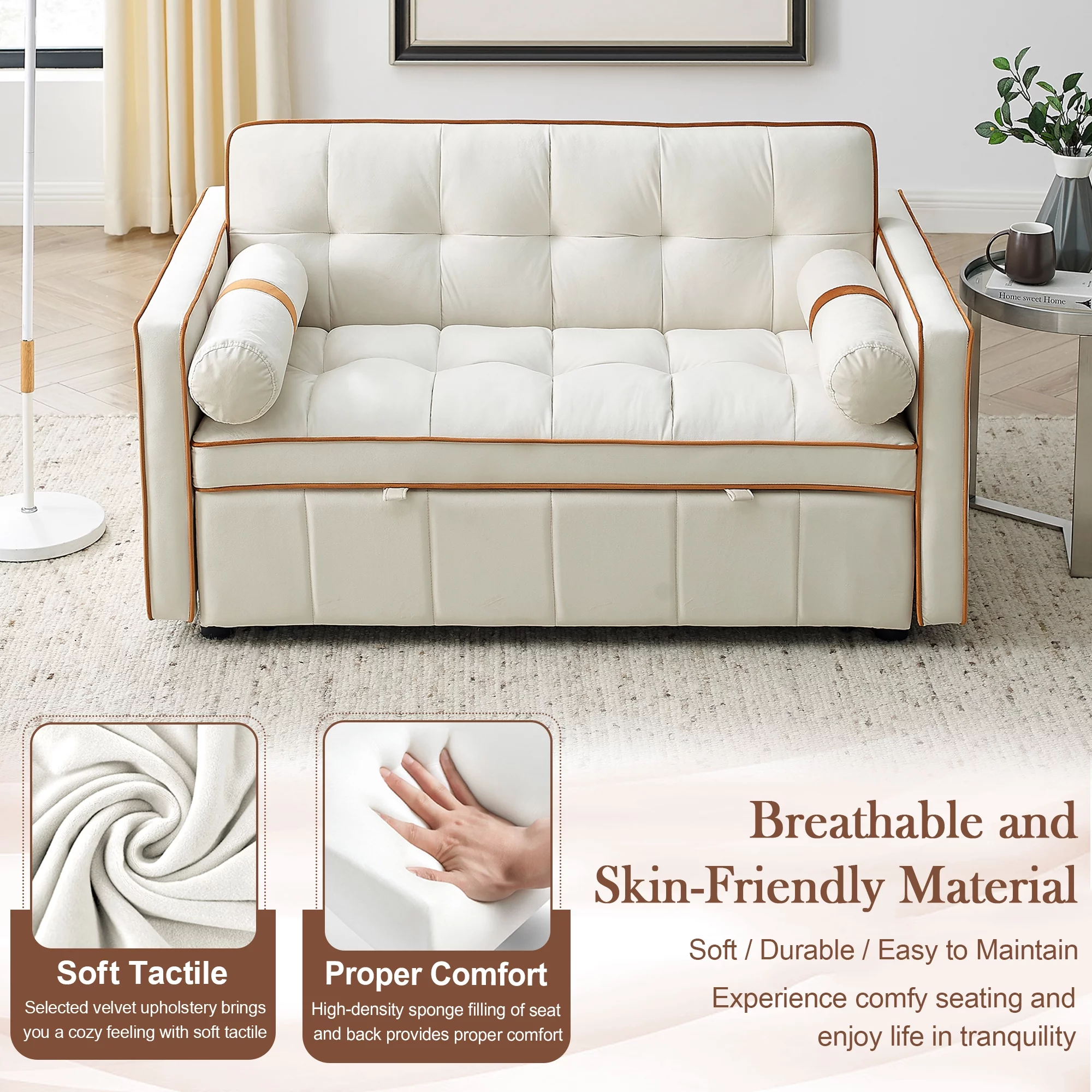 KINFFICT Futon Sofa Bed, Convertible Sleeper Sofa Bed with Pull Out Couch, Modern Velvet Loveseat Sleeper, Small Couch for Living Room, Beige