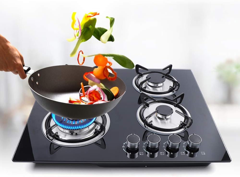 Gas Stove Cooktop 23x20 Inches Built in Gas Cooktop with 4 Burners, Portable Black Tempered Glass Stove Burner Cast Iron with NG/LPG Conversion Kit for RVs,Apartments,Outdoor,Black