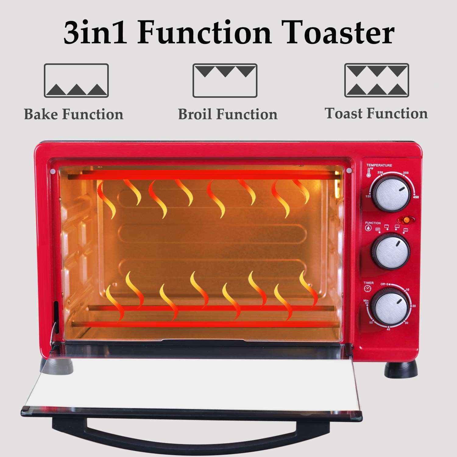LUBY Convection Toaster Oven with Timer, Toast, Broil Settings, Includes Baking Pan, Rack and Crumb Tray, 6-Slice, Red Pack of 2