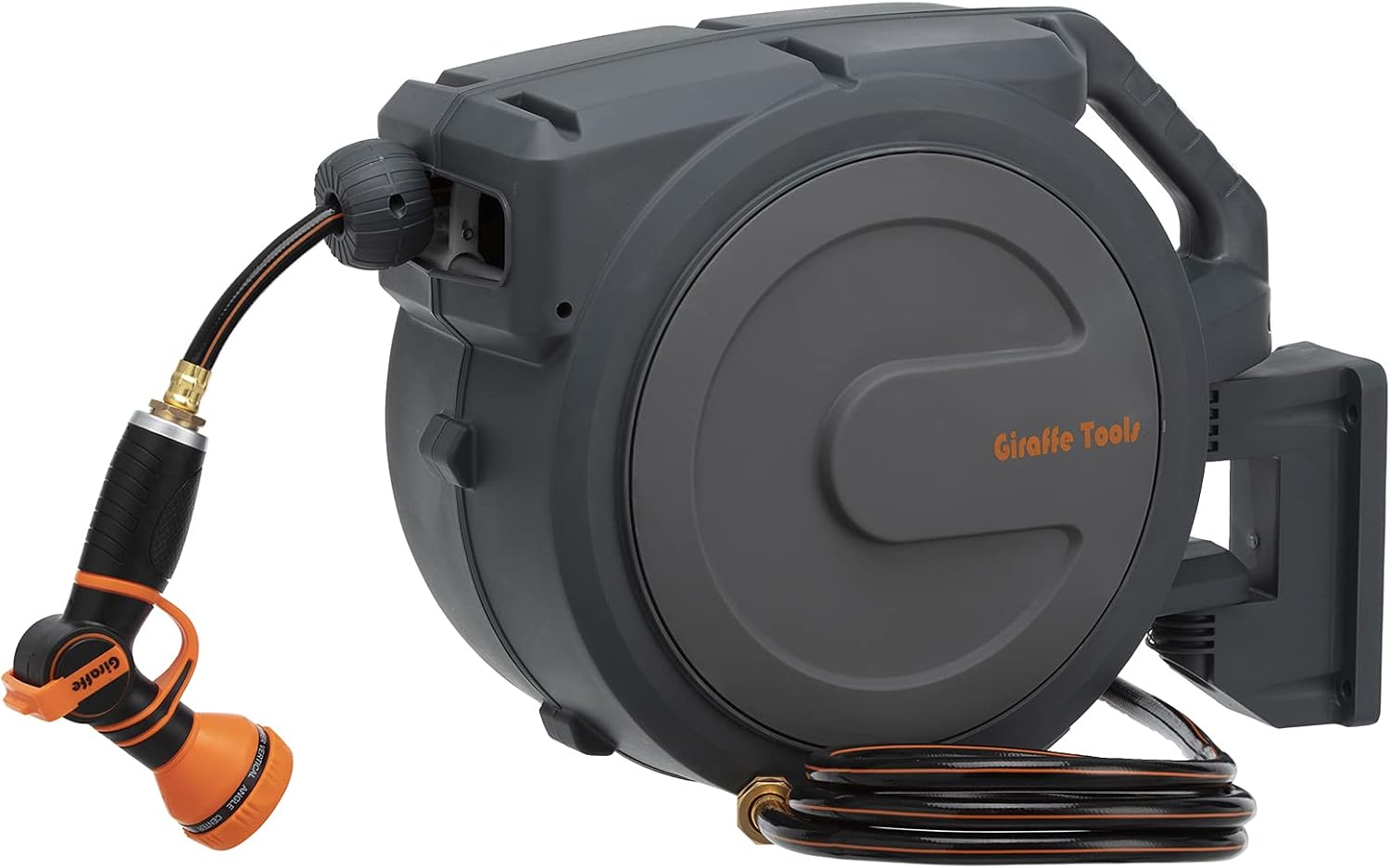 Giraffe Wall Mounted Hose Reel Retractable, 1/2" 78ft Heavy Duty Garden Hose Reel with 9 Pattern Hose Nozzle, Any Length Lock/Automatic Rewind/180° Swivel Bracket