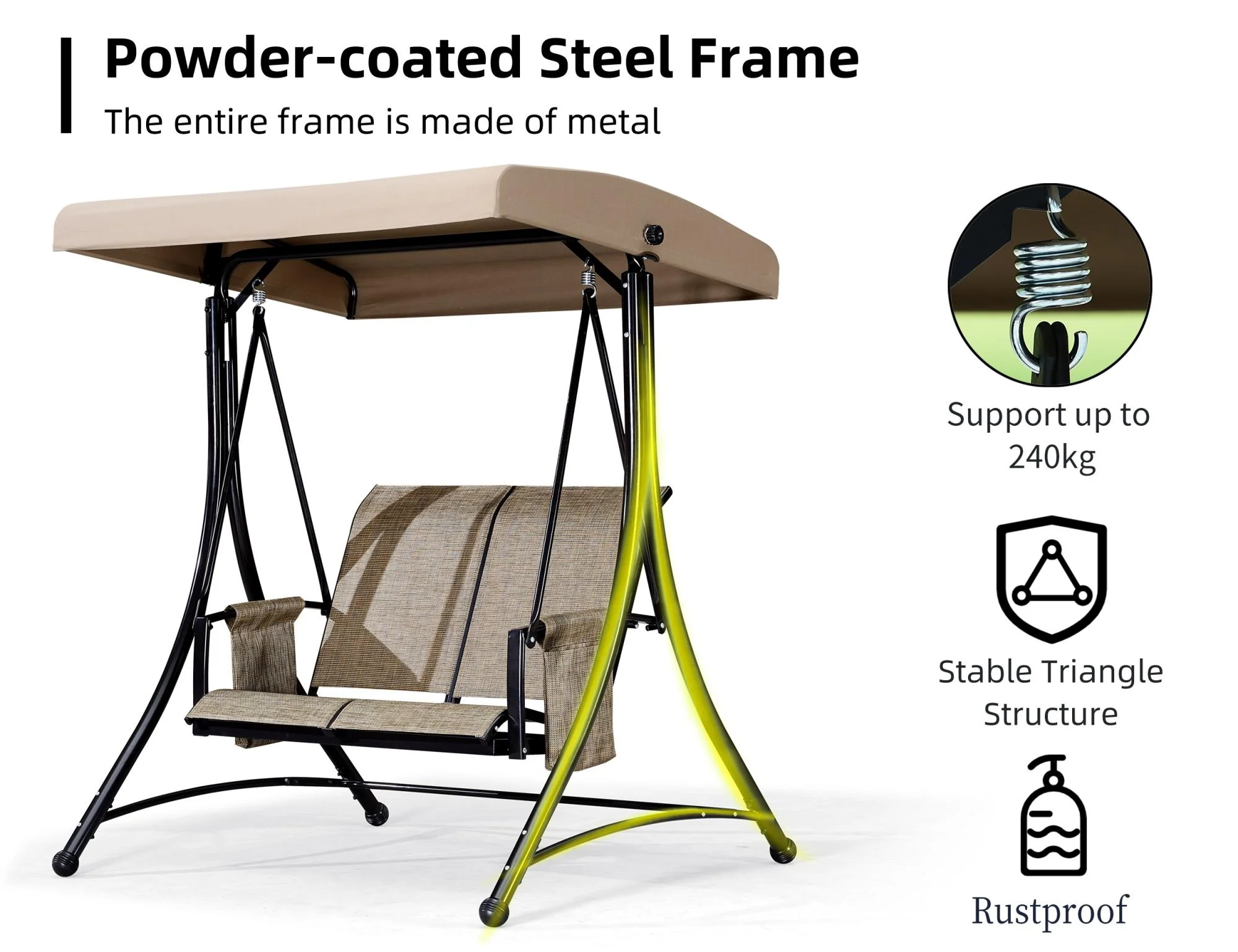 PURPLE LEAF 2-Seat Deluxe Outdoor Patio Porch Swing with Weather Resistant Steel Frame, Adjustable Tilt Canopy, Beige