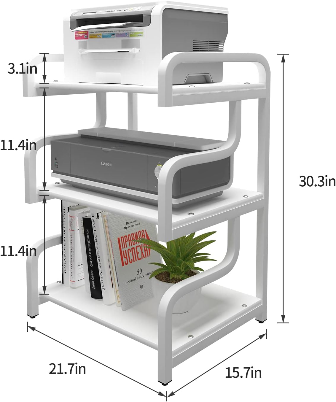 Natwind 3-Tier Printer Stand with Wheels Movable Storage Cart Floor-Standing Multi-Purpose Shelf Rack for Media Player Scanner Files Books Microwave Oven in Kitchen Living Room Home Office (White)