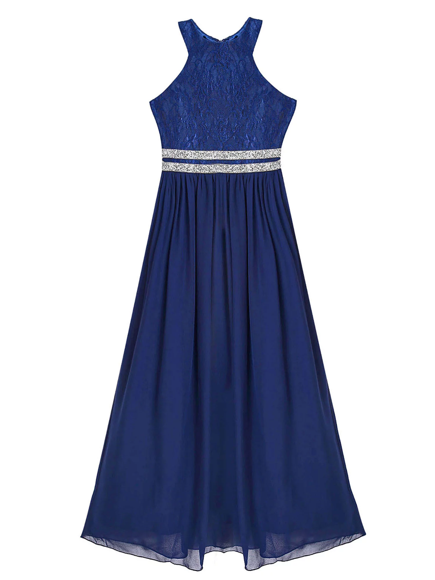 iiniim Kids Lace Floral Flower Girls Dress Sequins Halter Chiffon Dress Long Maxi Junior Bridesmaid Gown A Navy Blue 12 - Curated Treasures Market