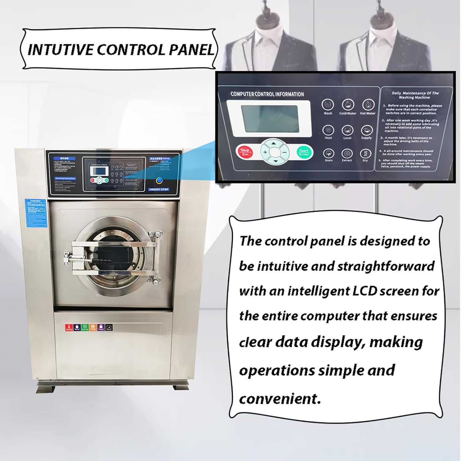 Automatic Washing Spinning Drying Combo Machine All-in-one Laundry Washer Dryer Extractor Machine WASH+SPIN+DRY 44LBS Capacity Washer Extractor Dehydrator 2.2KW 220V 3PH 60HZ