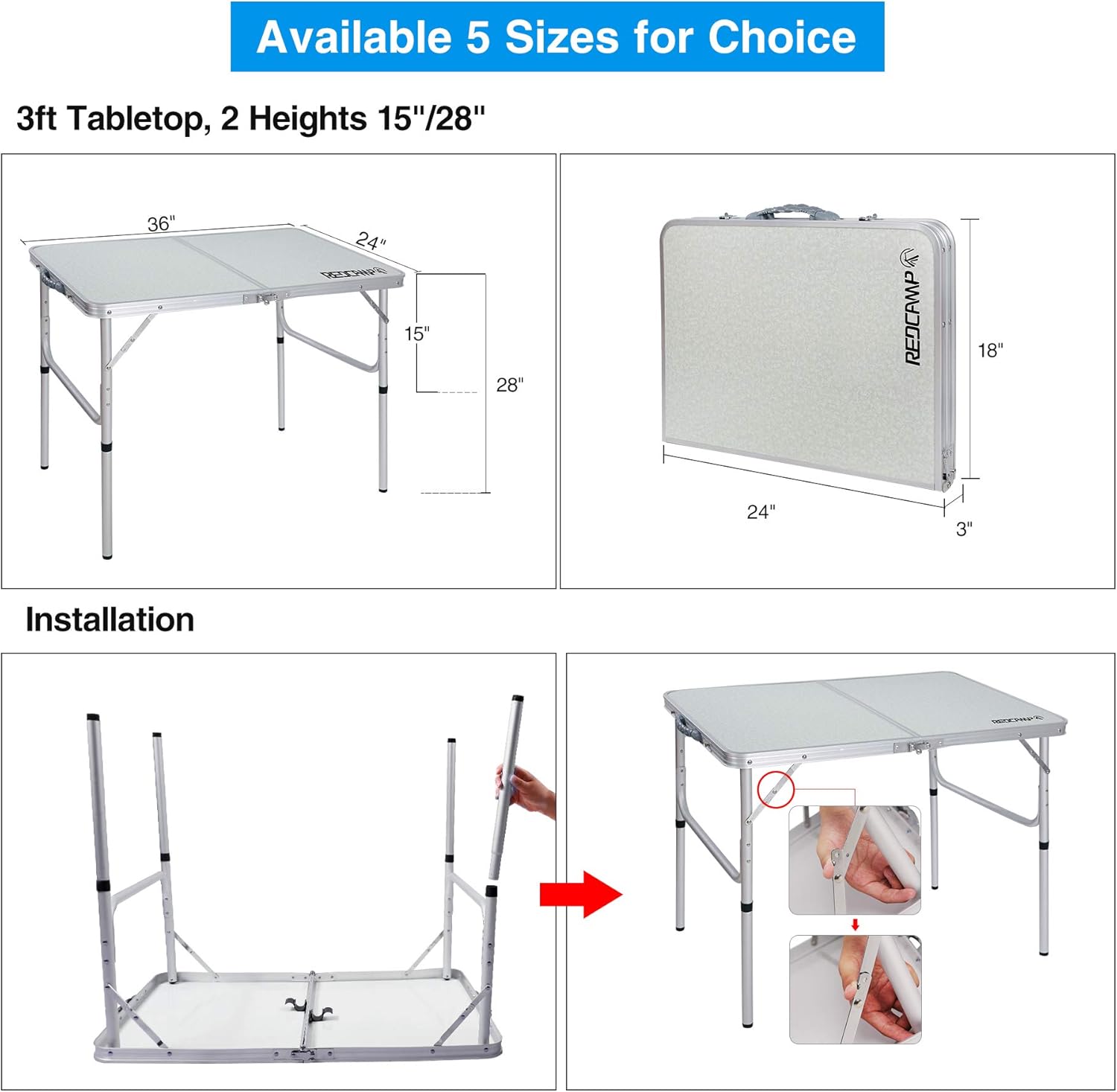 REDCAMP Folding Camping Table, 4ft Portable Aluminum Outdoor Folding Table Camp Table Adjustable Height Lightweight for Picnic Cooking Beach