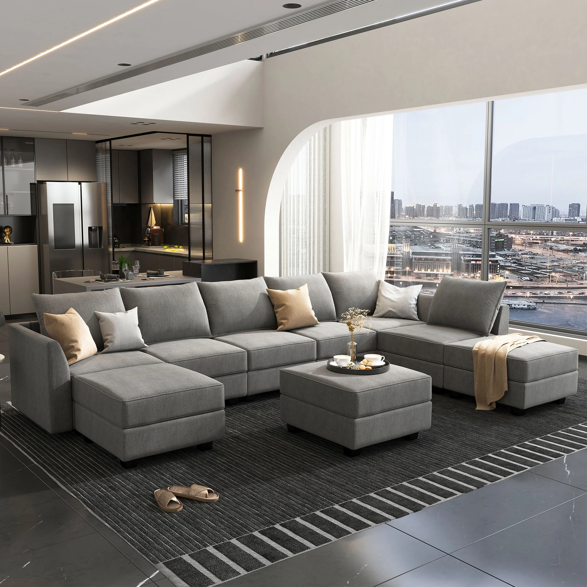 HONBAY Reversible Sectional Sofa Couch Set U Shaped Couch Sofa Sets for for Apartment/Living Room 8 Seats Sofa Sectional with Storage Ottomans, Grey