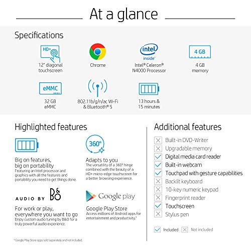 HP Chromebook X360 12-Inch HD+ Touchscreen Laptop, Intel Celeron N4000, 4. GB SDRAM, 32 GB eMMC, Chrome
