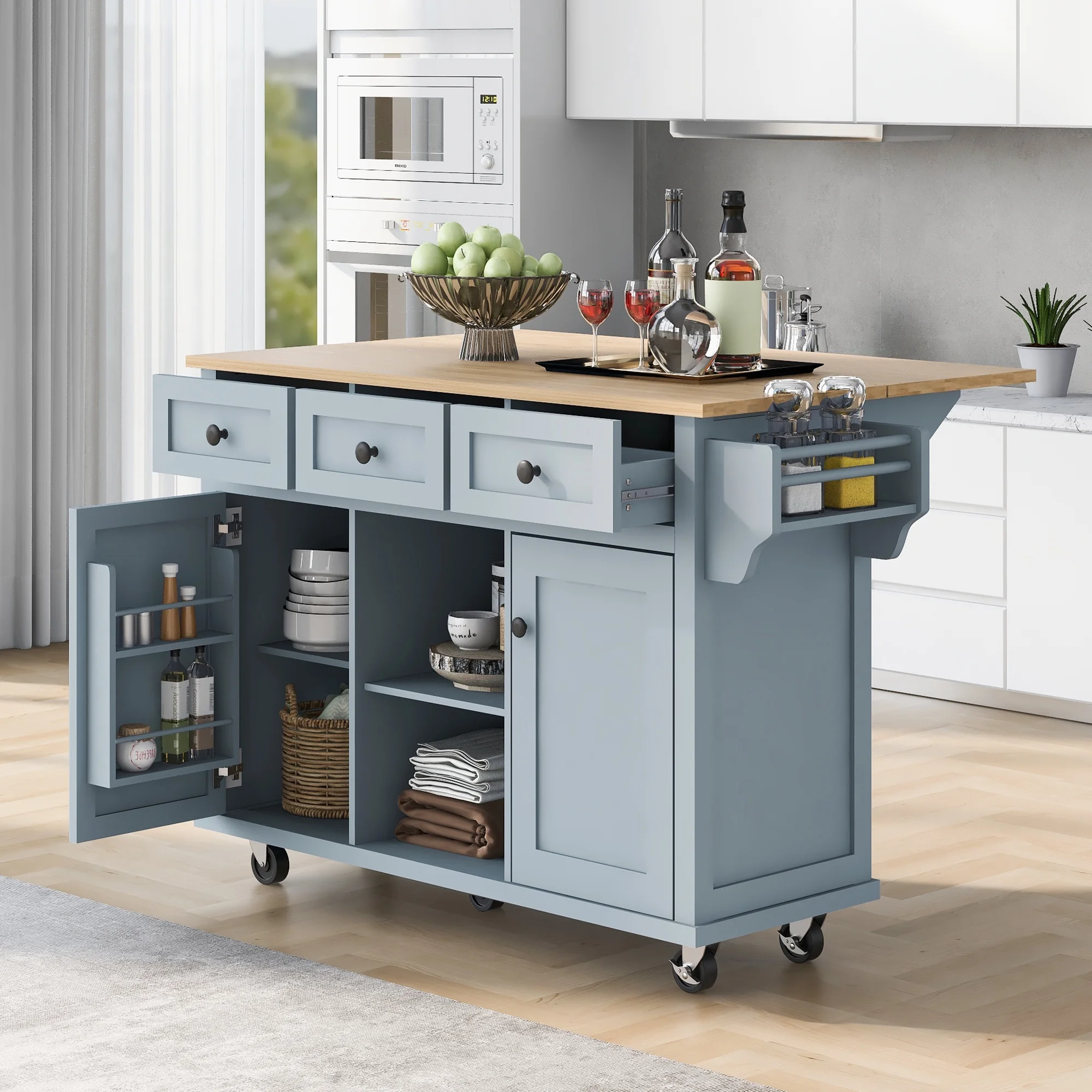 Churanty Kitchen Island with Drop Leaf and Wheels Rolling Kitchen Cart with Storage and Cabinet and 3 Drawers for Dining Room,Blue - Curated Treasures Market