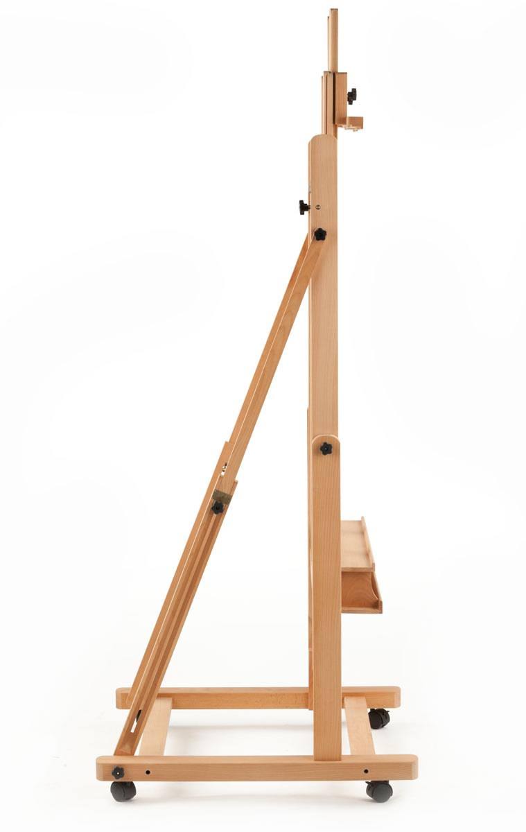 Displays2go Studio Easel for X-Large Canvases, Beech Wood Floor Easel with Locking Wheels, Accessories Tray