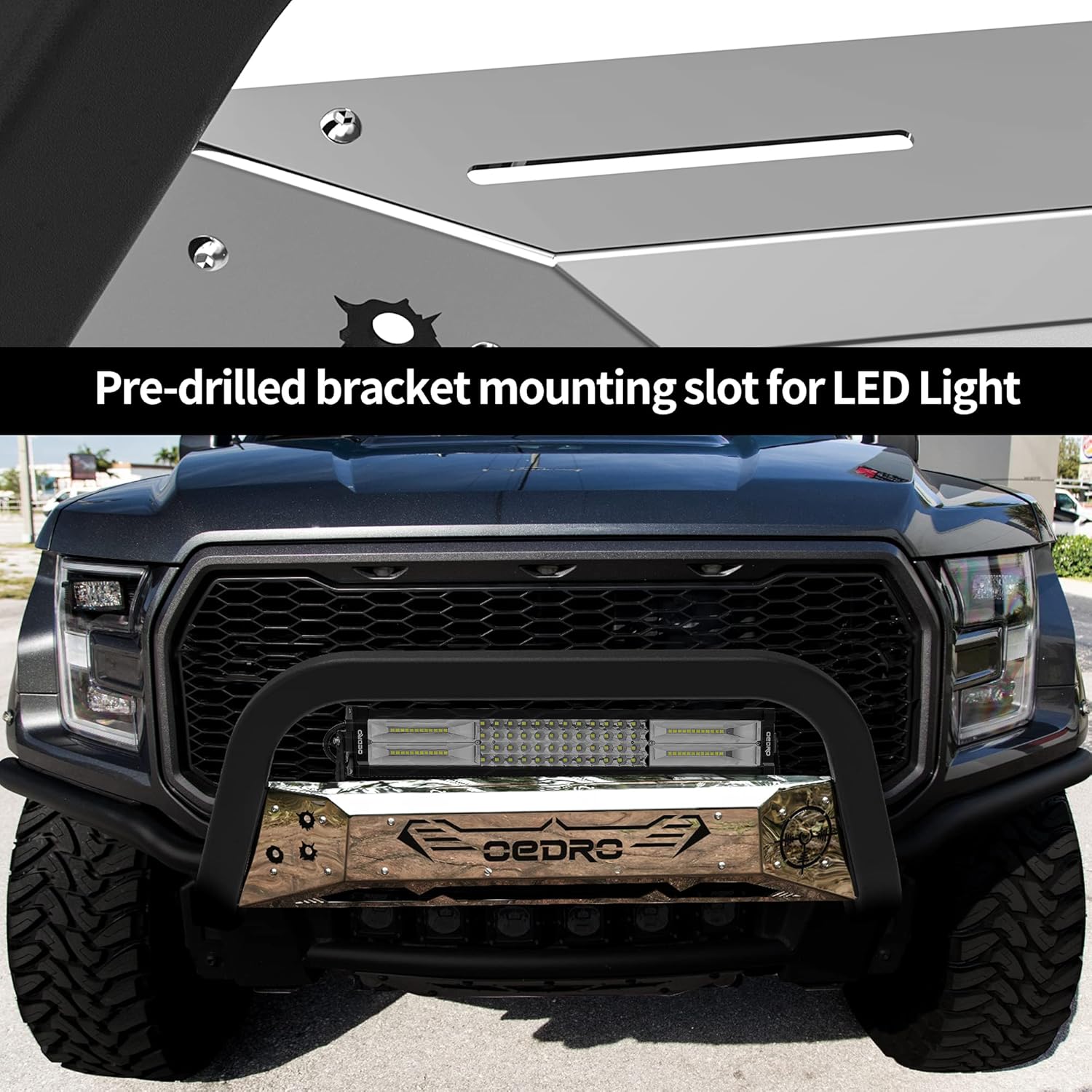 oEdRo Bull Bar Fits 2004-2022 Ford F150, Truck Brush Push Bumper Guard Grille w/ Chrome and Black Skid Plate Light Mount