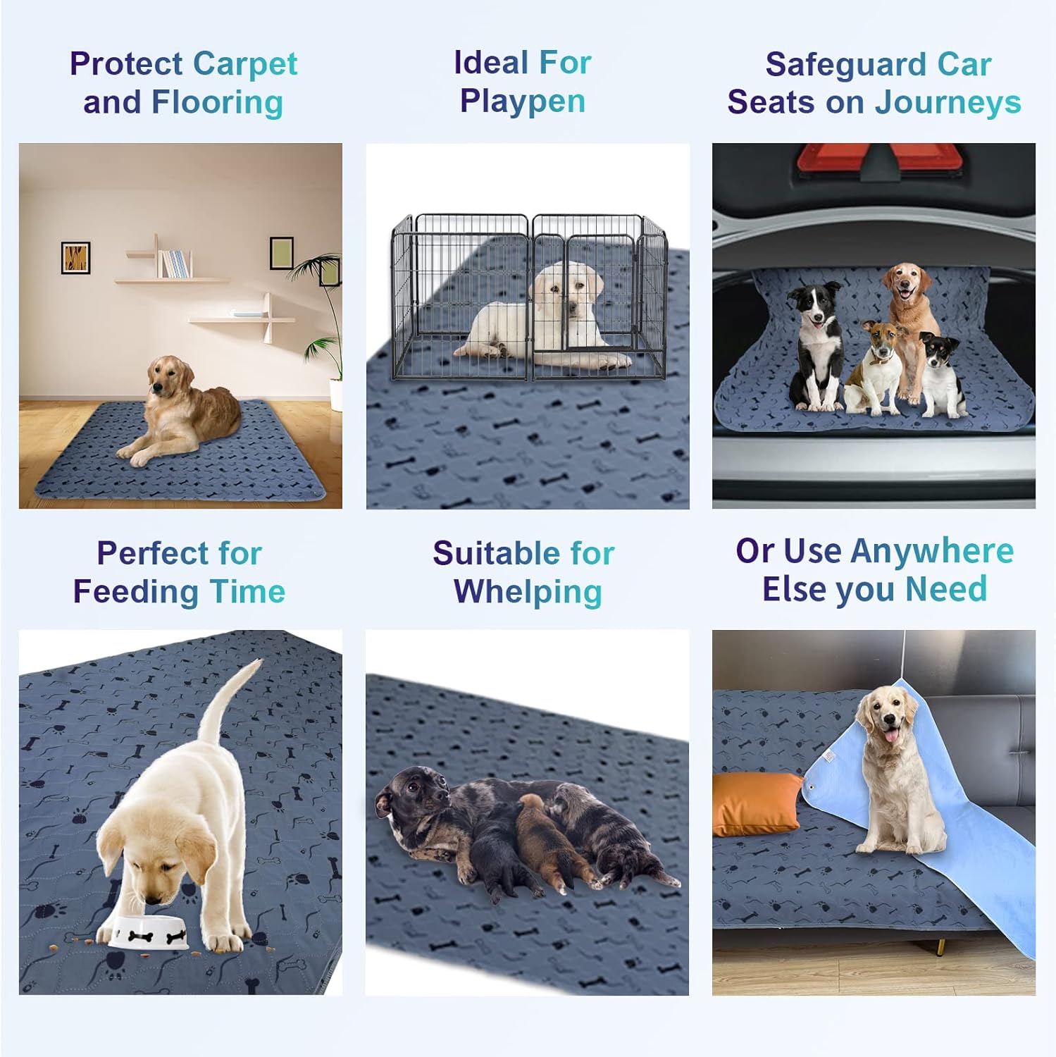 GAGURL Dog Puppy Washable Pee Pads,Waterproof Non Slip Dog Mats,Training/Whelping/Playpen/Crate/Travel/Absorbent/Absorbed Urine/Odor Controlling for Dog Potty Cat Rabbit Pets,(72x72, Grey Paw Print) Pack of 2