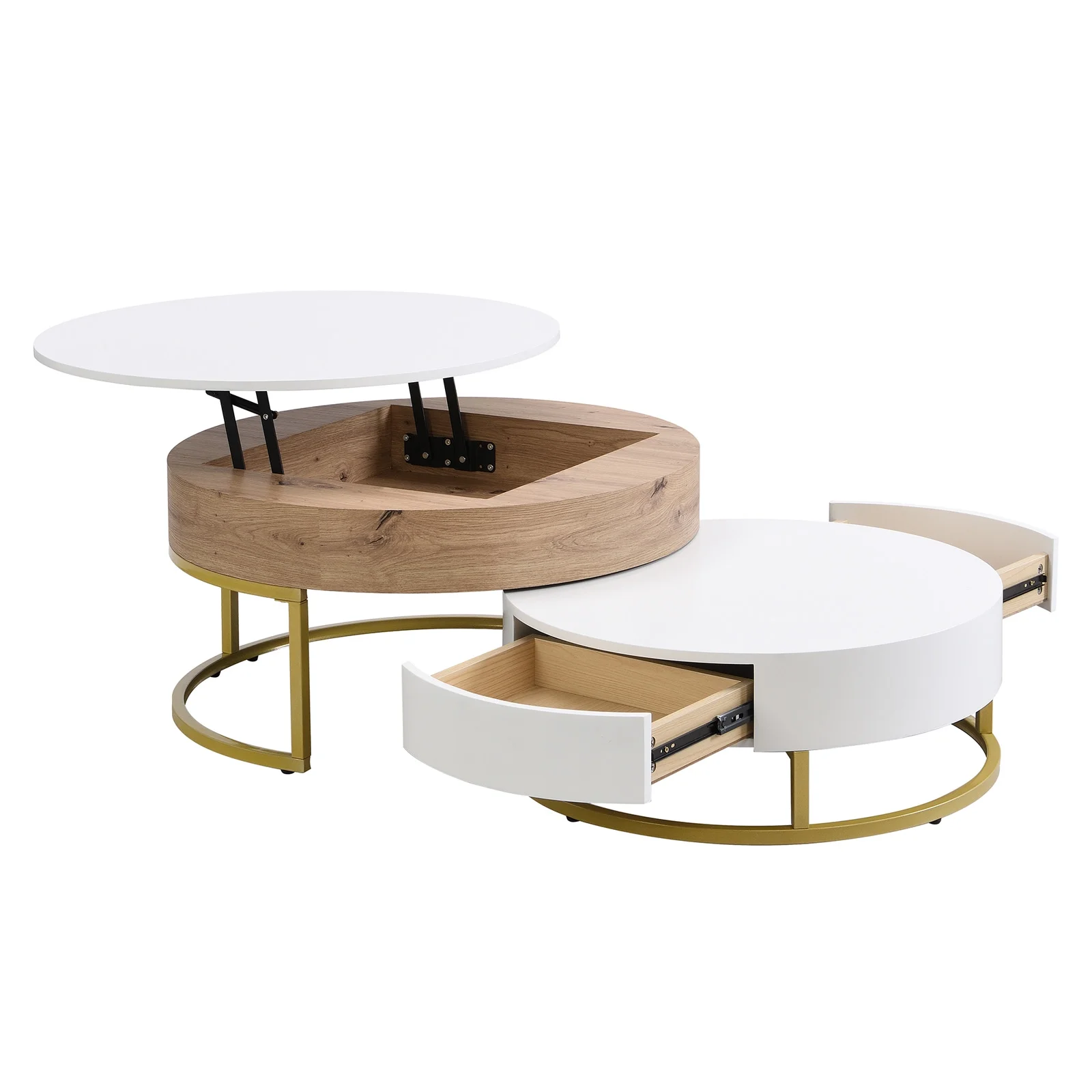 YISUYA Modern Round Lift-top Nesting Coffee Tables with 2 Drawers, Multifunctional Coffee Table, Lift Top Coffee Table, Center Table for Living Room, Home, Office, Oak Natural Wood + Antique White