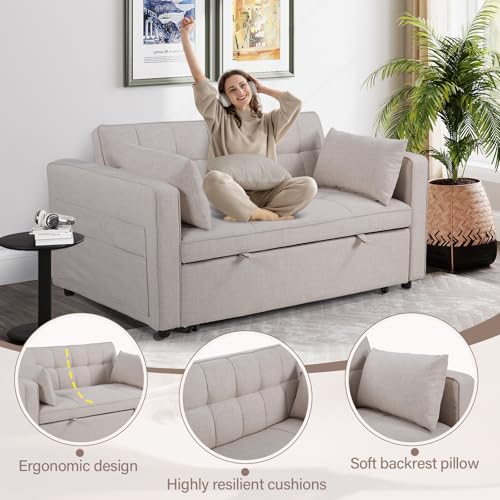 3-in-1 Convertible Sleeper Sofa Bed, Futon Couches with Pullout Bed, 2-Seater Loveseat Sofa with Storage Pockets, Adjustable Backrest and Toss Pillows for Living Room Apartment, Grey