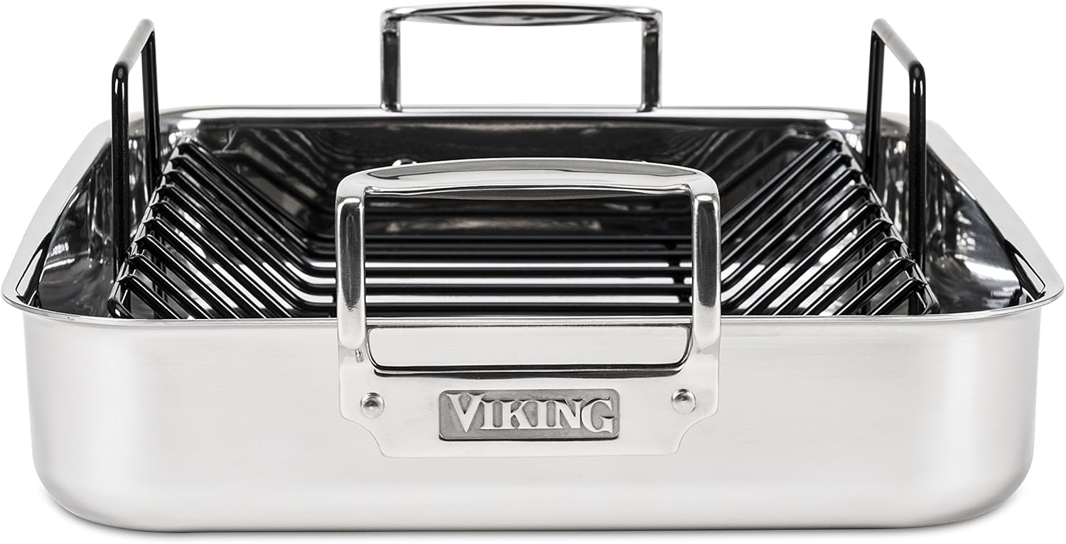 Viking Culinary 3-Ply Stainless Steel Roasting Pan, Includes a Nonstick Rack, Dishwasher, Oven Safe, Works on All Cooktops including Induction