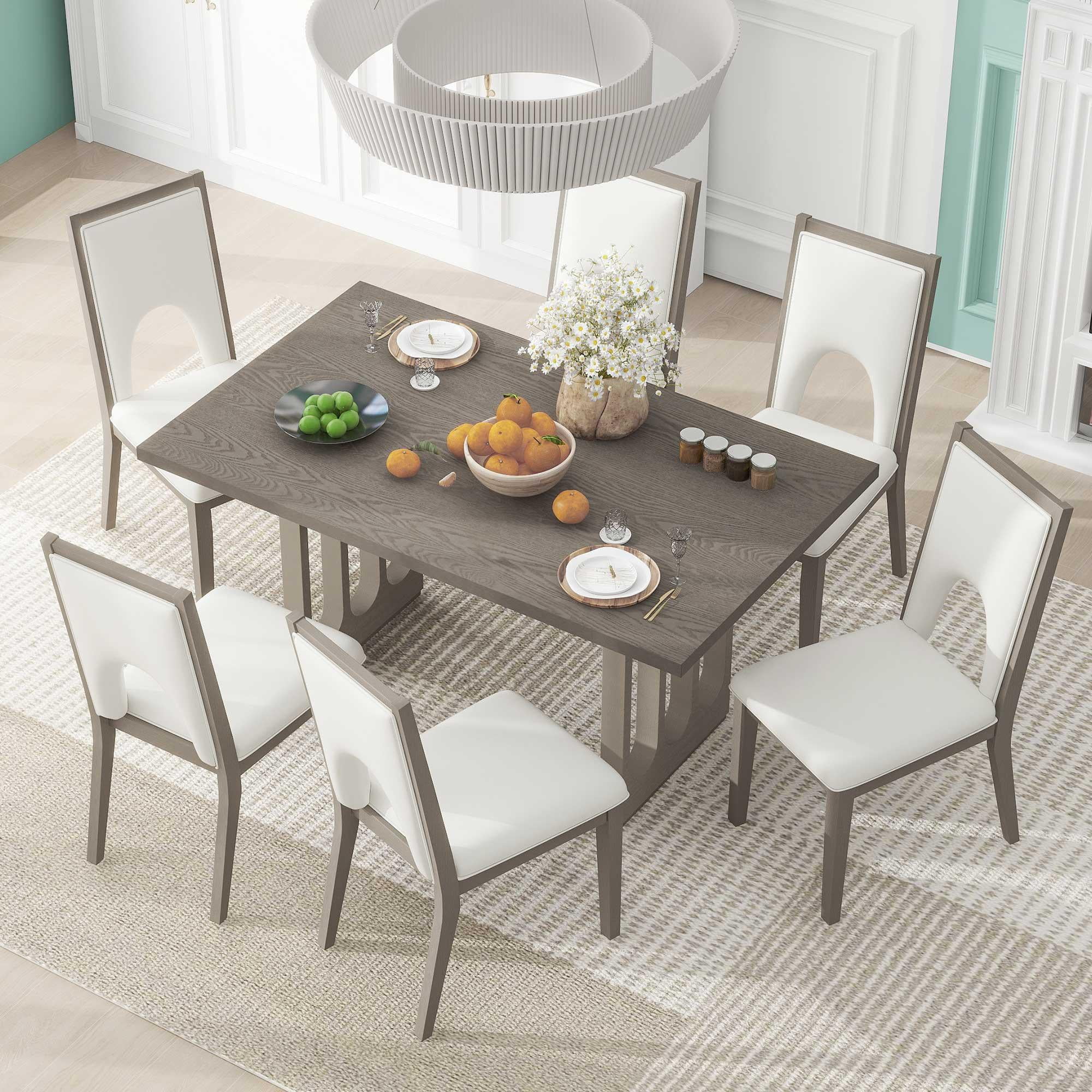Wood Dining Table Set for 6, Atumon 7 Piece Dining Room Set, Dining Table Set with 6 Beige Cushioned Chairs, Farmhouse Dining Table Set, Dining Table Set Furniture for Kitchen Dining Room, Gray