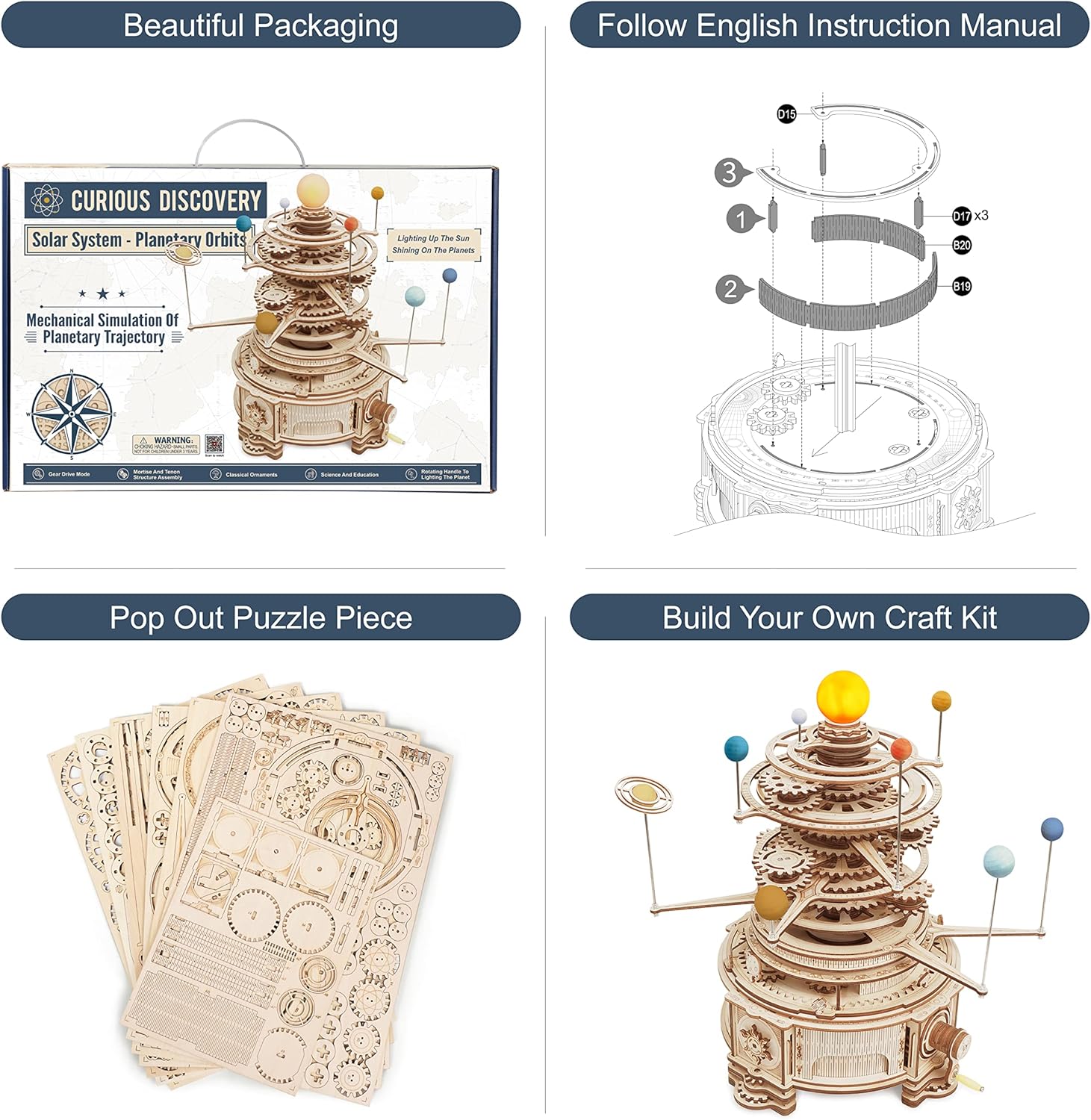 ROBOTIME 3D Wooden Puzzle for Adults DIY Solar System Model Kit Mechanical Orrery Craft Kits to Build Unique Gift for Teens Pack of 2