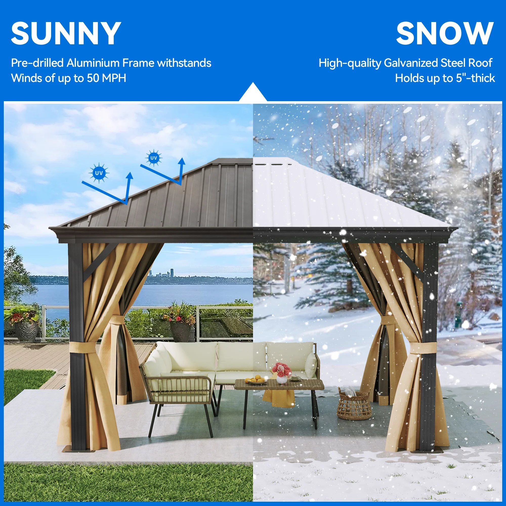 Dextrus 10x12ft Hardtop Gazebo with Nettings and Curtains, Heavy Duty Galvanized Steel Outdoor Vertical Stripes Roof for Patio, Backyard, Deck, Lawns, Brown